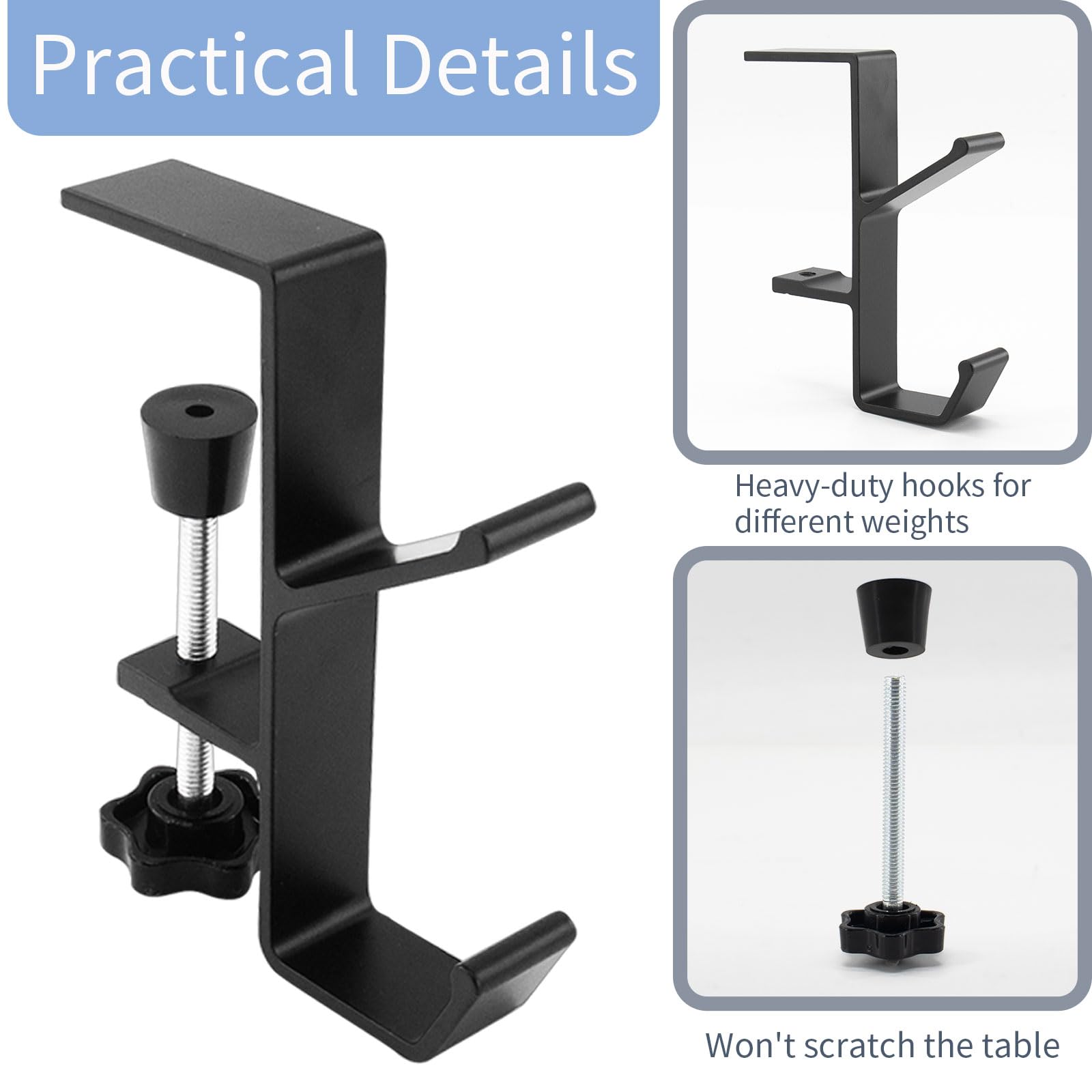 Desk Mount Bag Holder & Headphone Hanger - Space Saving Clamp-On Hook for Backpacks, Purses & Accessories - Perfect for Office, Home Desk & Under Counter Organization (Black)