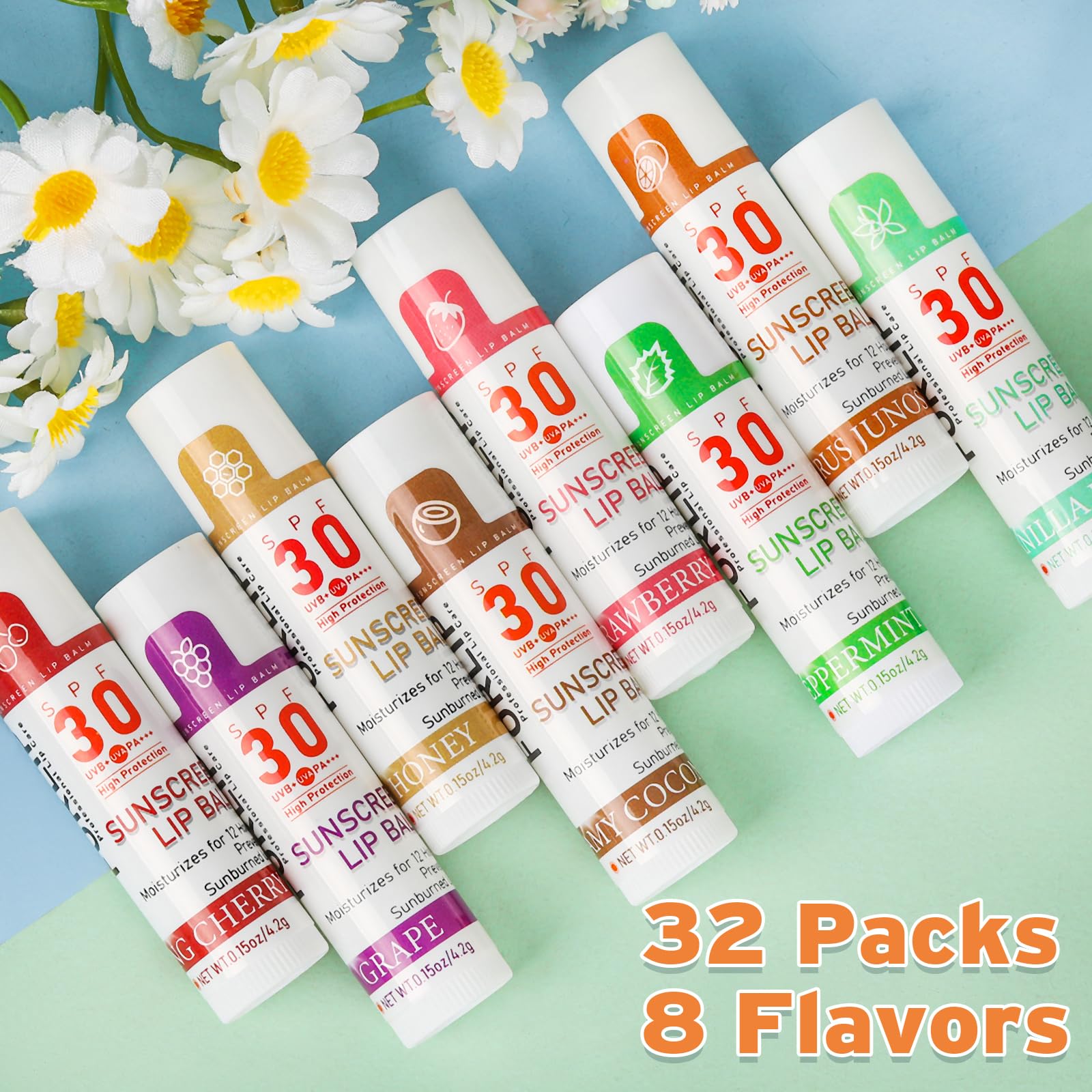SPF 30 Lip Balm with Sunscreen - 32 Pack Bulk Travel Size, Hydrating Lip Balm with Vitamin E & Coconut Oil - 8 Flavors Variety - Perfect for Outdoor Activities, Hiking, Beach & Daily Lip Care