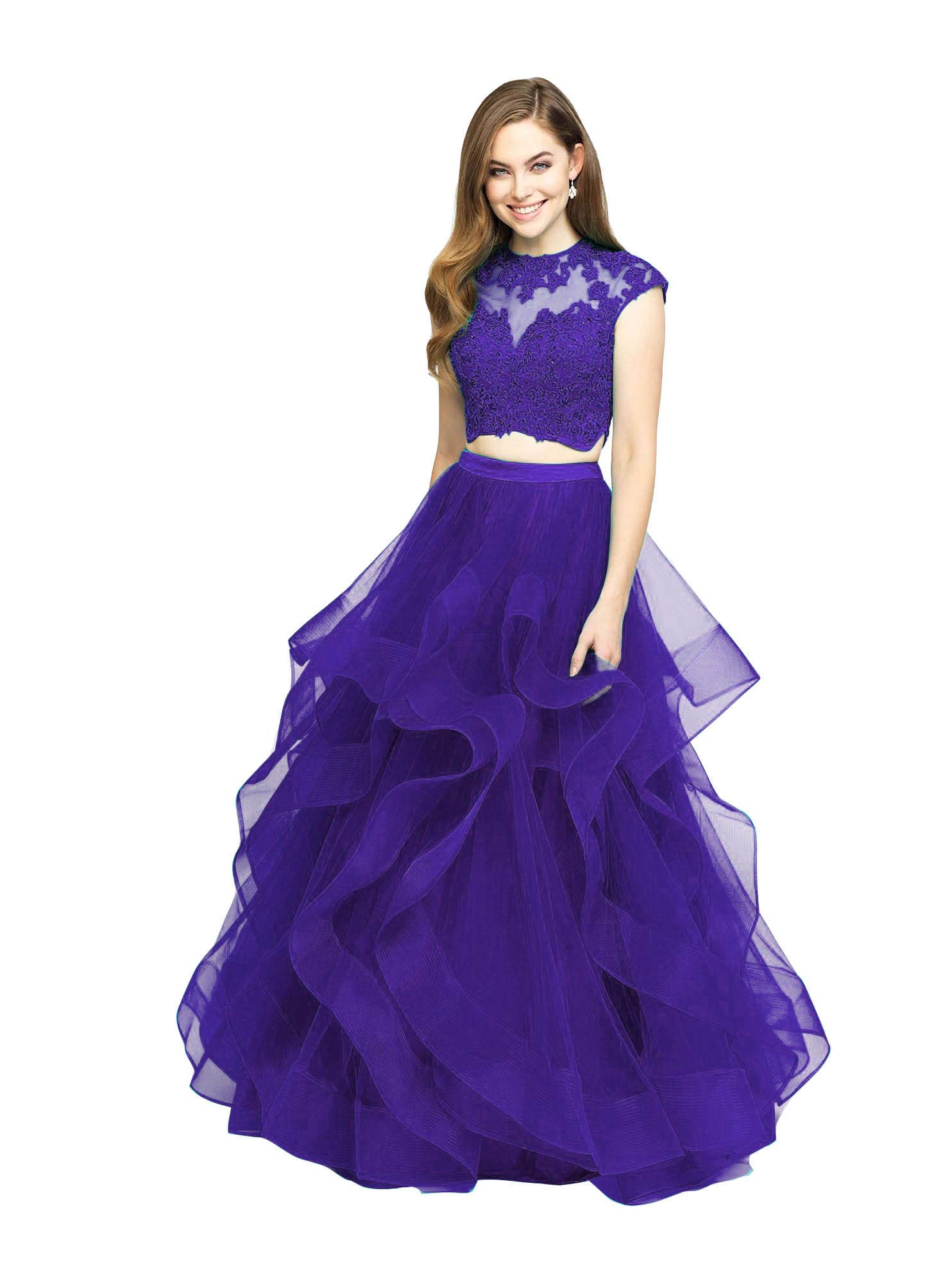Emmani Women's 2 Piece Prom Dress with Lace Applique, Quinceanera Ball Gown in Blue & Purple - Layered Ruffle Organza Sweet 16 Dress for Formal Dances, Weddings & Special Occasions