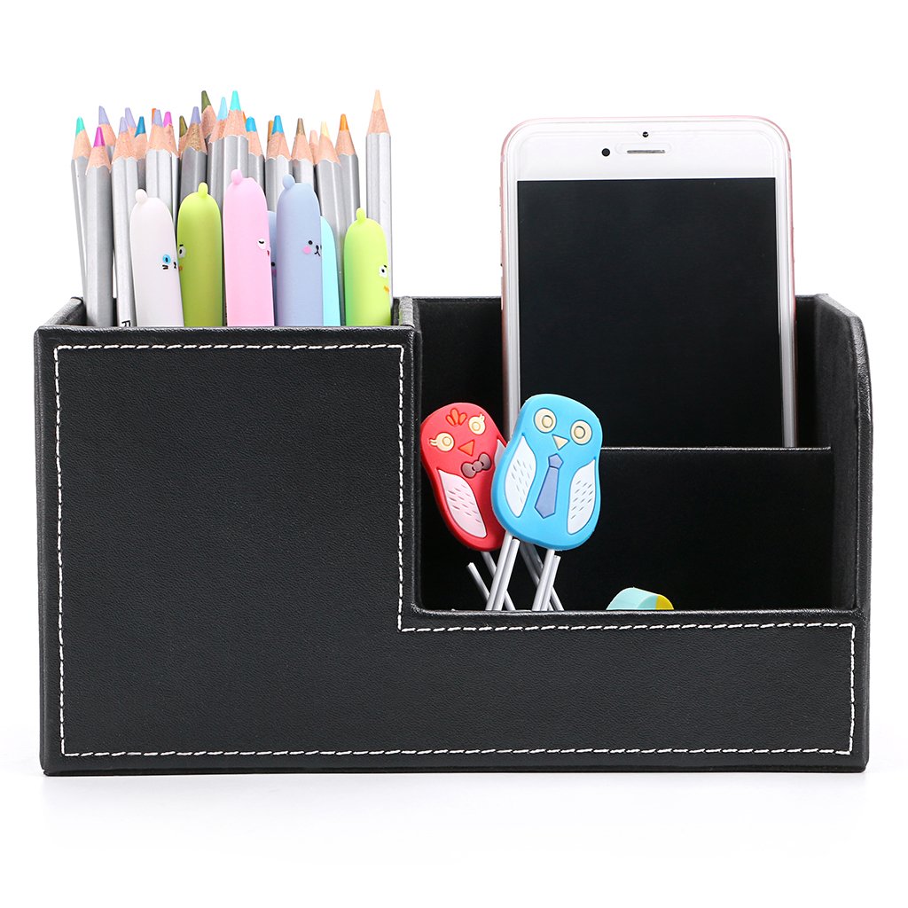 BTSKY PU Leather Desk Organizer - Multi-Functional Pen Pencil Holder, Business Card Storage, Phone & Remote Control Stand for Home Office (Black) | Perfect for Desk Organization, Stationery Storage & Workspace Decor