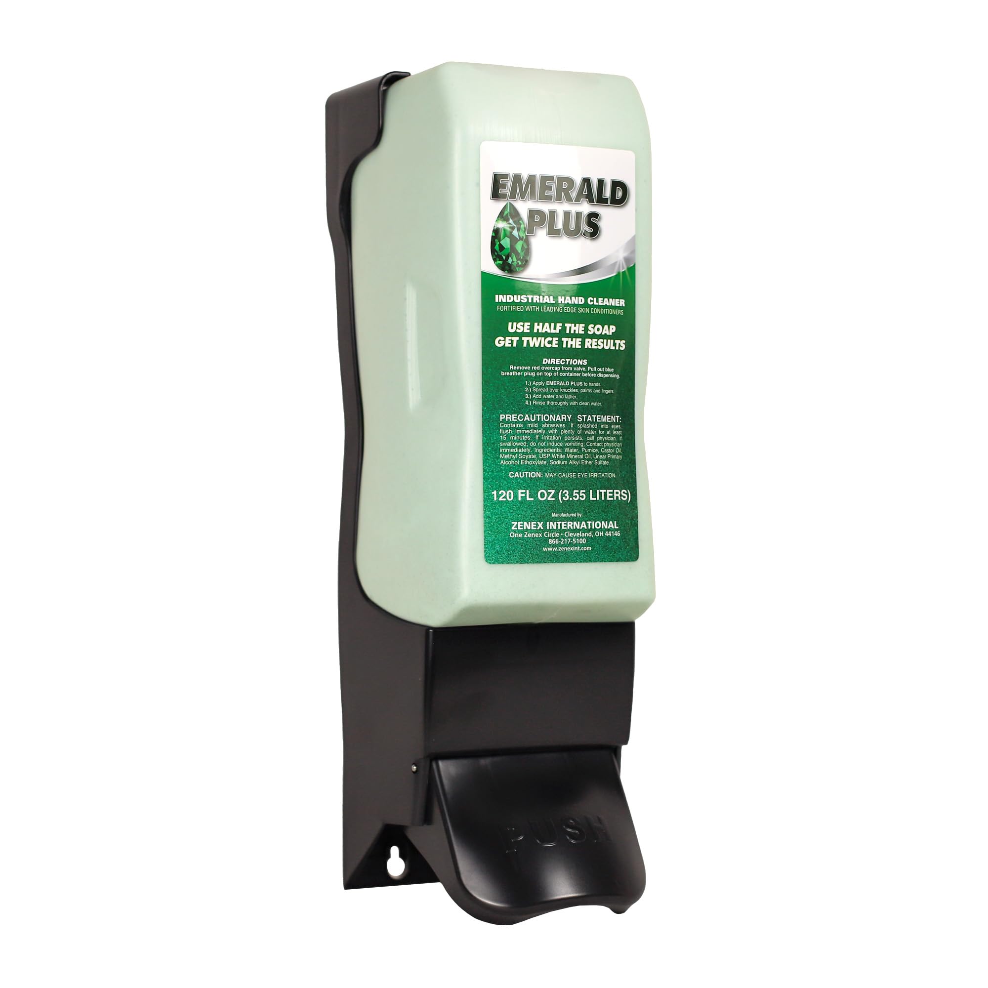 Zenex Emerald Plus Industrial Hand Soap & Dispenser Bundle - 4-Pack 3.55L Heavy Duty Hand Cleaner with Pumice | Wall Mounted Push-Style Dispenser | Grease & Grime Remover | Lemon Scent | Easy Installation | Ideal for Garages, Workshops & Commercial Kitchens