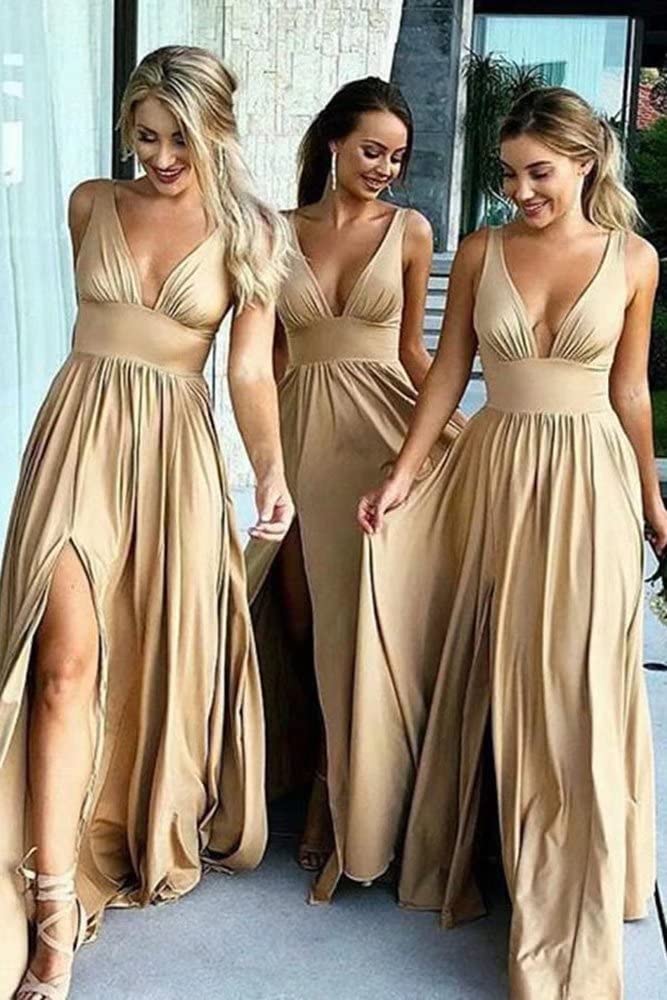 Elegant Deep V Neck Ruched Chiffon Bridesmaid Dress - A-Line Formal Wedding Guest Gown for Women | Perfect for Weddings, Proms & Special Occasions