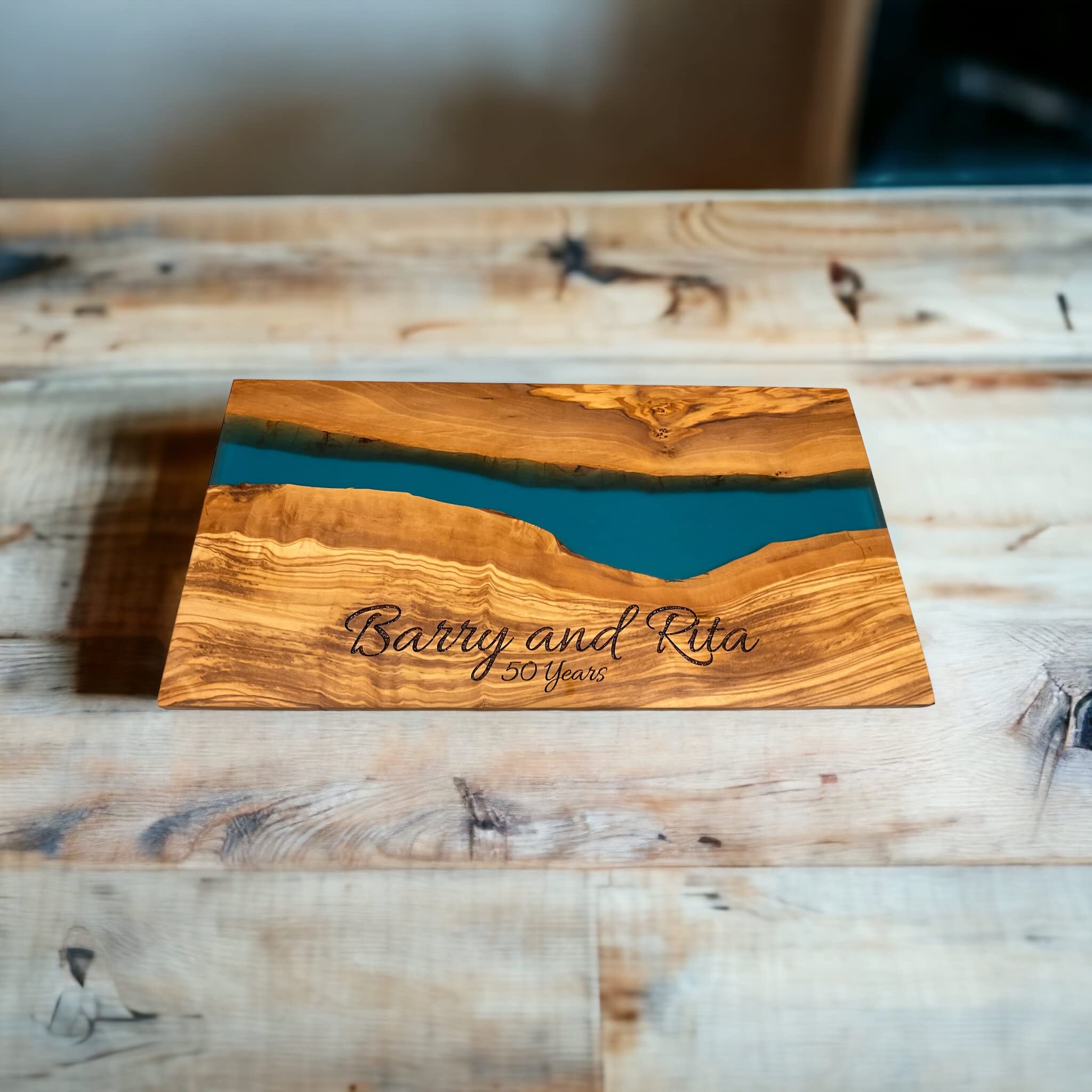 Handmade Personalized Olive Wood and Resin Charcuterie Board - Unique Wedding, Engagement, Anniversary & Housewarming Gift (Elegant Blue) - Perfect for Cheese Platters, Charcuterie Displays & Entertaining Guests