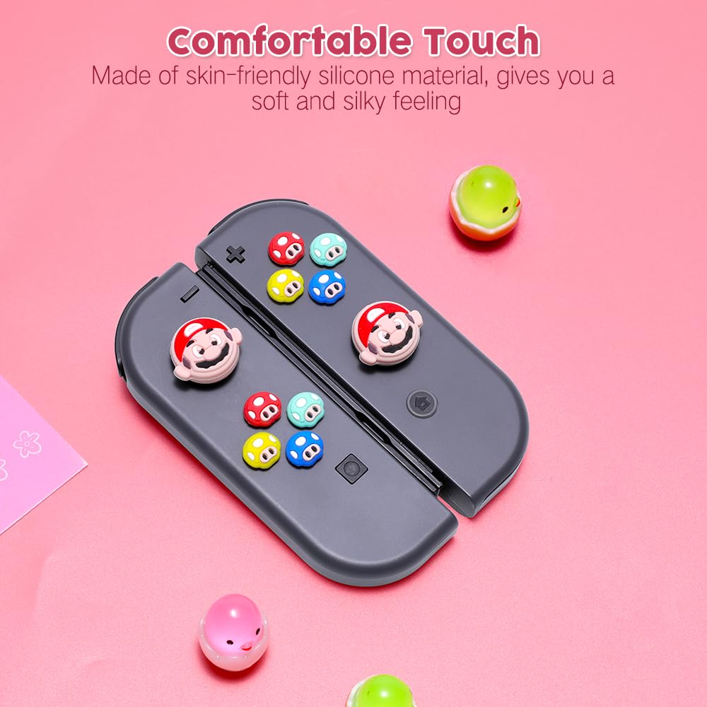 PERFECTSIGHT Mushroom D-Pad Button Caps & Silicone Thumb Grips Set for Nintendo Switch/Switch OLED - Cute ABXY Key Buttons Sticker & Joystick Cover Caps for Mario Fans | Gaming Accessories for Enhanced Comfort & Grip During Play