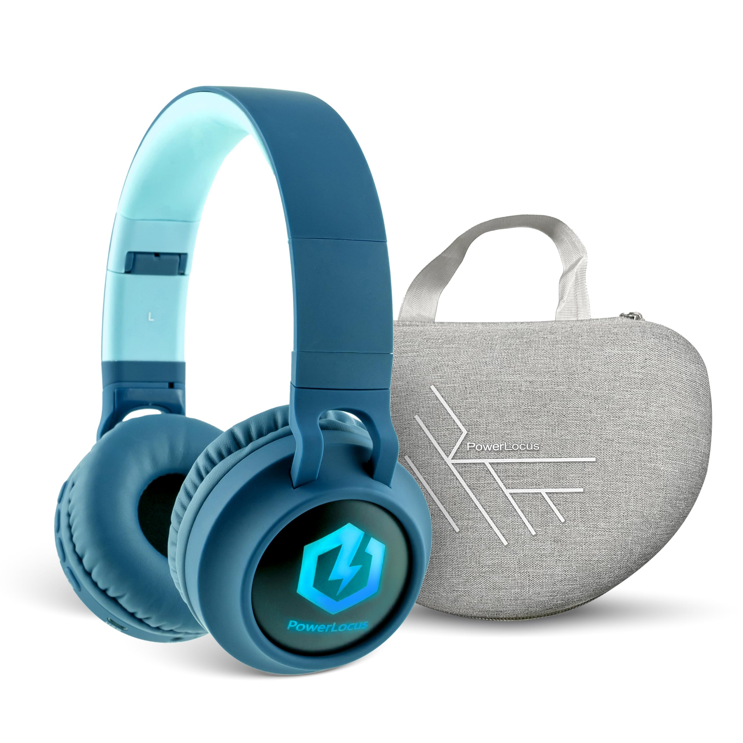PowerLocus Kids Bluetooth Headphones with LED Lights - Wireless & Wired Foldable Headphones with Microphone, Volume Limiting Safe for Children (Blue/Grey Case) - Perfect for School, Travel & Online Learning
