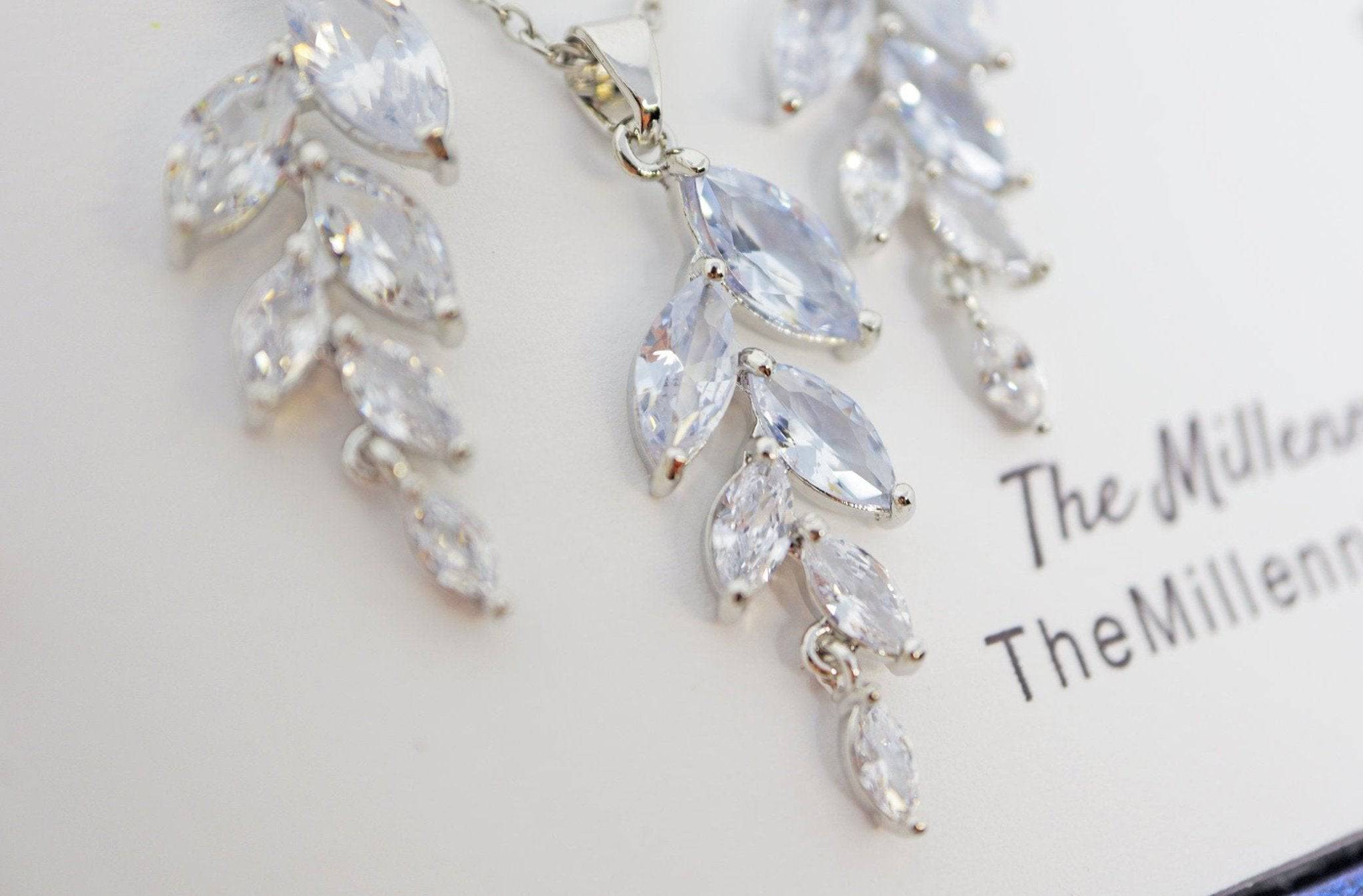 Elegant Cubic Zirconia Crystal Leaf Bridal Jewelry Set - Long Statement Earrings & Necklace for Weddings, Prom, and Special Occasions