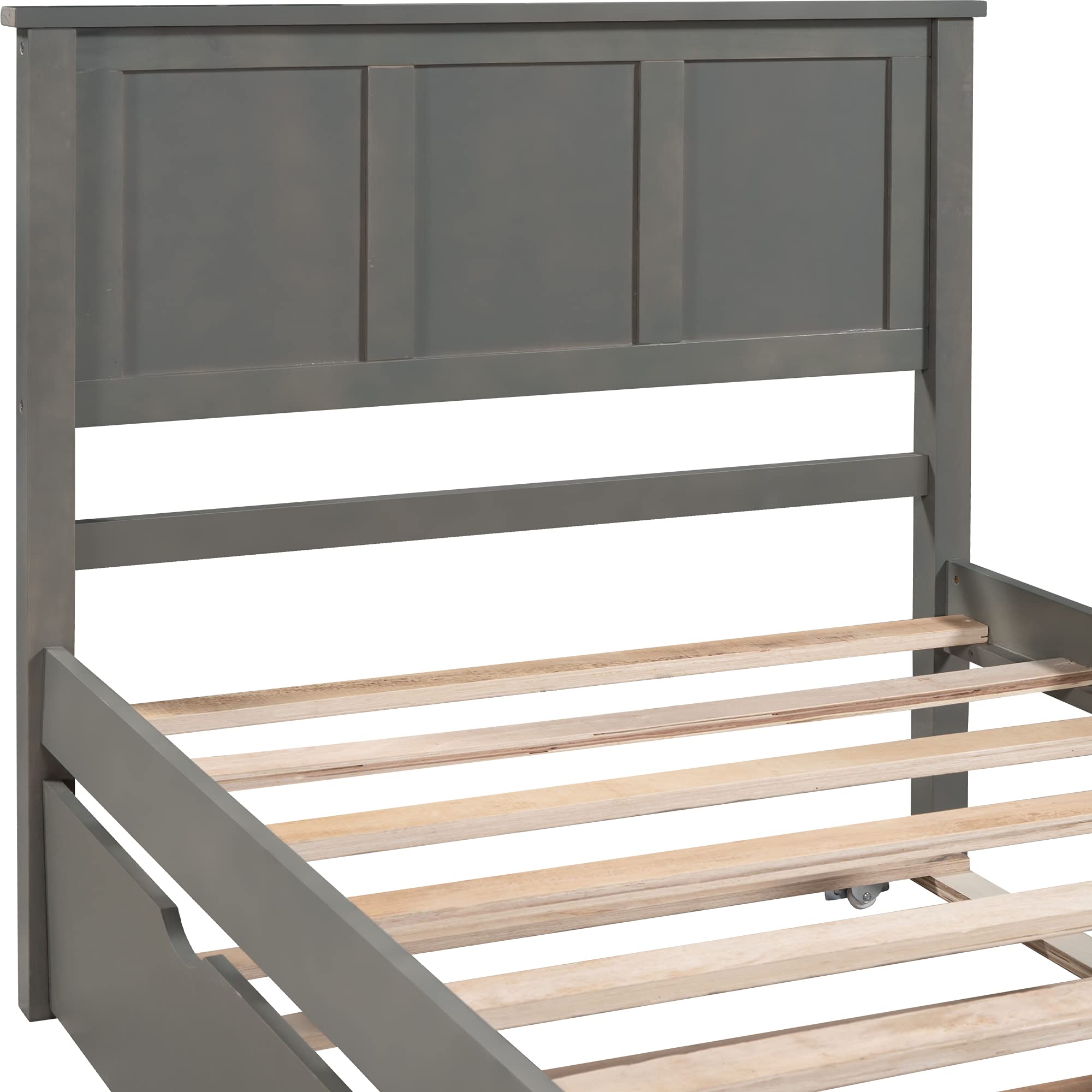 **P PURLOVE Twin Bed Frame with Trundle - Solid Wood Daybed with Headboard for Kids, Teens & Adults - Space-Saving Gray Twin Size Bed for Guest Rooms, Dorms & Small Spaces**