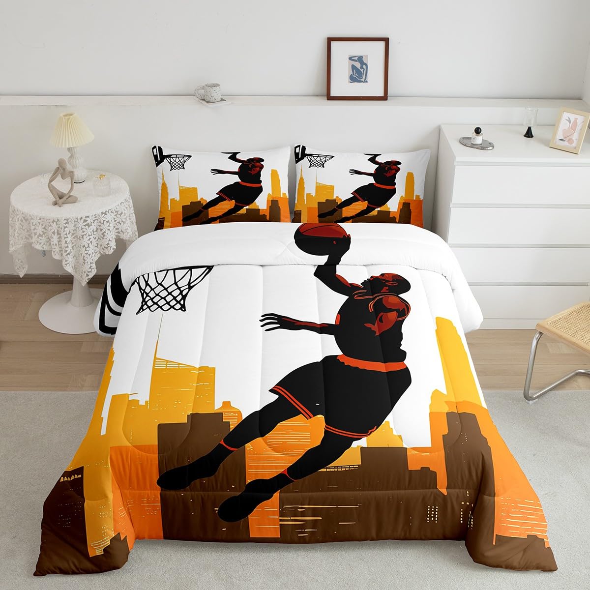 Basketball Comforter Set Queen Size - Sports Bedding for Boys & Men, Modern Cityscape Duvet Cover with Basketball Hoop Design - Perfect for Kids' Rooms, Teen Bedrooms & Sports Lovers' Home Decor