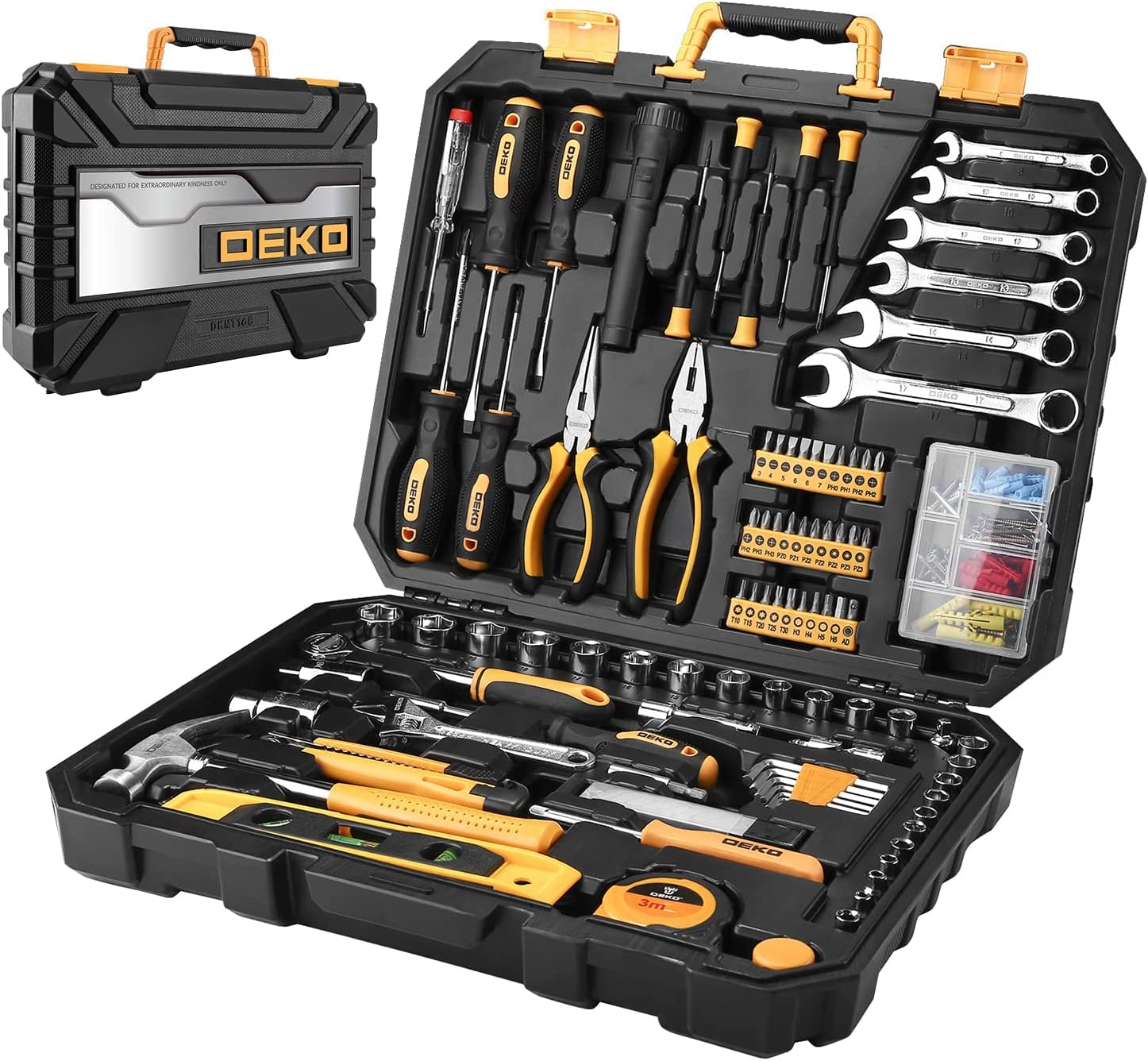 DEKOPRO 208-Piece General Household & Auto Repair Tool Set with Plastic Toolbox Storage Case - Perfect for Home Improvement, DIY Projects, and Car Maintenance