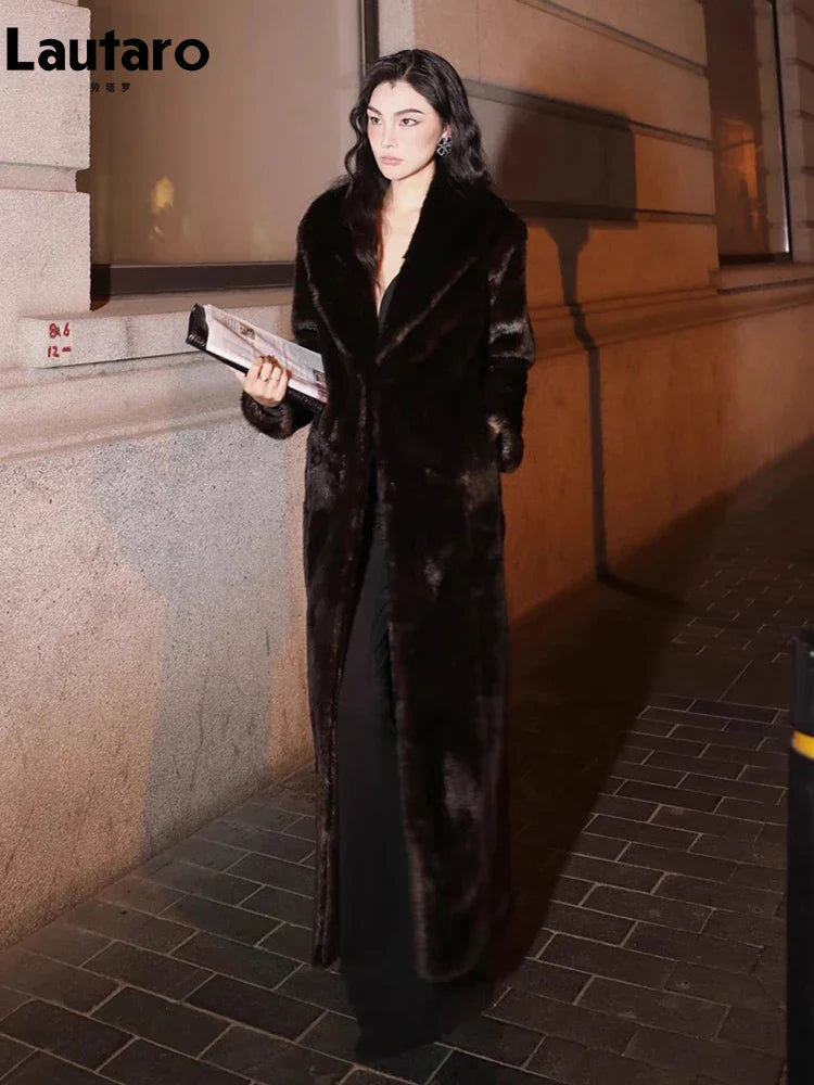 **Women's Extra Long Thick Warm Faux Mink Fur Coat - Soft Fluffy Shawl Collar Maxi Overcoat for Winter & Fall 2023 | Elegant Outerwear for Parties, Dates & Cold Weather**