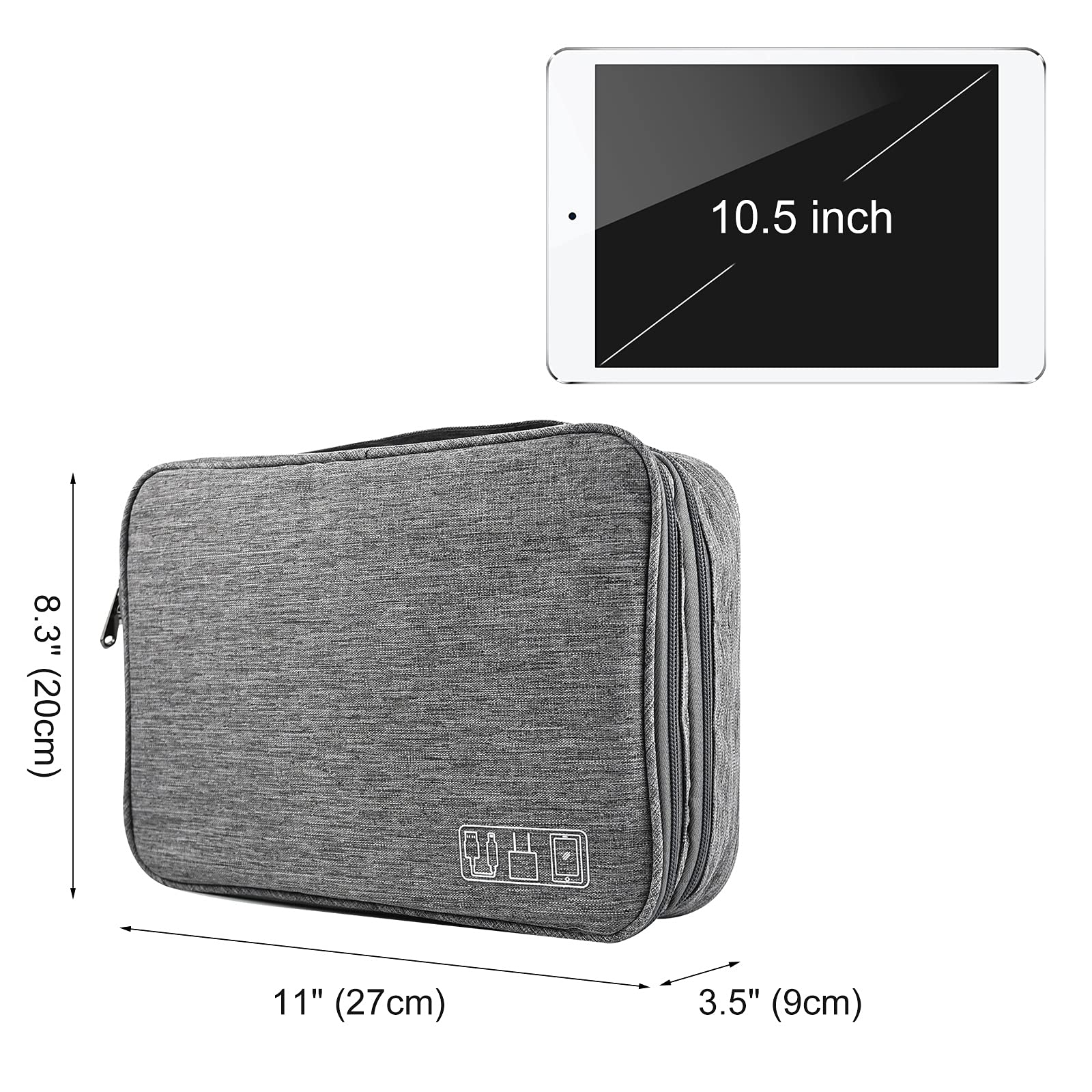 XunHe 3-Layer Waterproof Travel Cable Organizer Bag - Universal Electronics Accessories Pouch for Chargers, Cables, Mouse, Hard Drive & USB Sticks - Perfect for Business Trips, Vacations & Daily Commute (Grey)