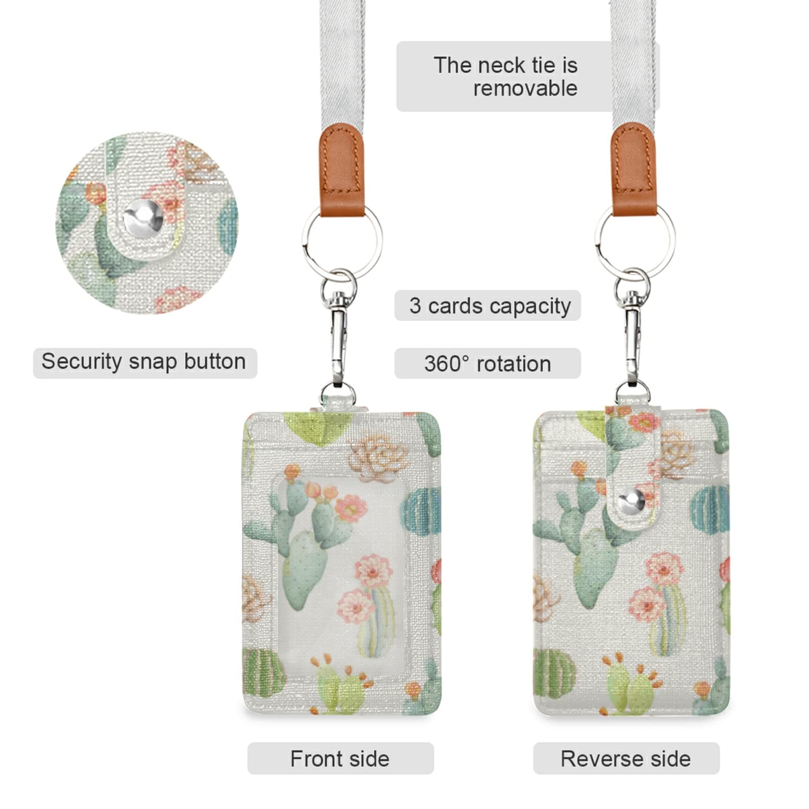 Cute Cactus ID Badge Holder with Lanyard - Vertical Leather Name Tag for Office & School Staff