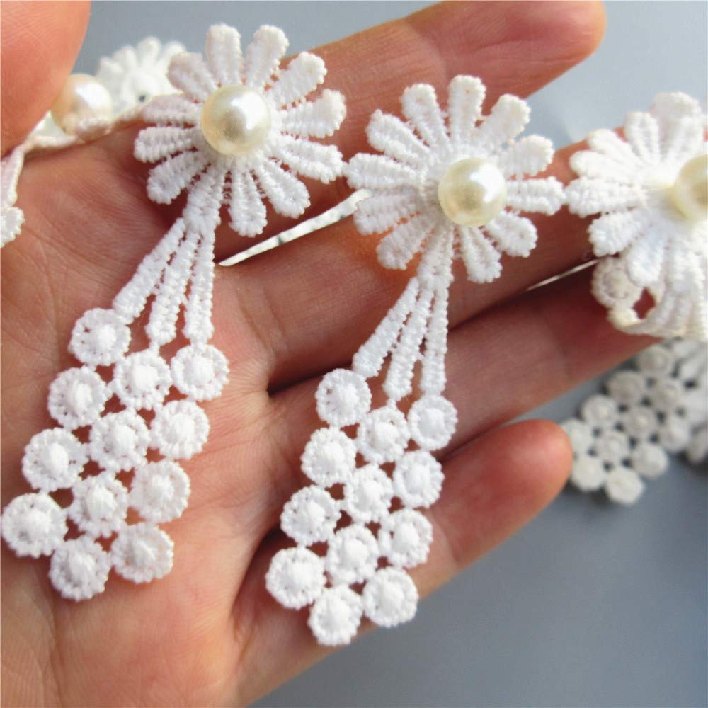50pcs Vintage White Pearl Flower Tassel Embroidered Lace Trim, Floral Appliques Bridal Ribbon for DIY Sewing Crafts, Costume Hat Dress Decorations, 6.5x2.5cm