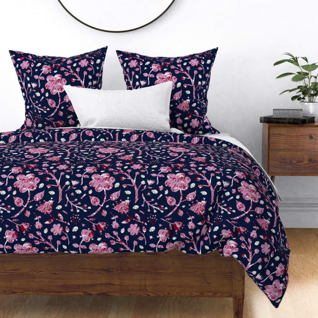 Custom Navy Floral Lavender Cotton Sateen Duvet Cover Full/Queen Size - Modern Printed Bedding for Master Bedroom & Guest Room Decor