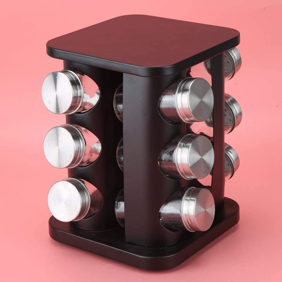 Qiuqiu 360° Rotating Spice Rack Organizer - 12 Glass Jars with Stainless Steel Base | Space-Saving Kitchen Storage for Spices, Herbs & Seasonings | Perfect for Countertop, Pantry & Small Kitchen Organization