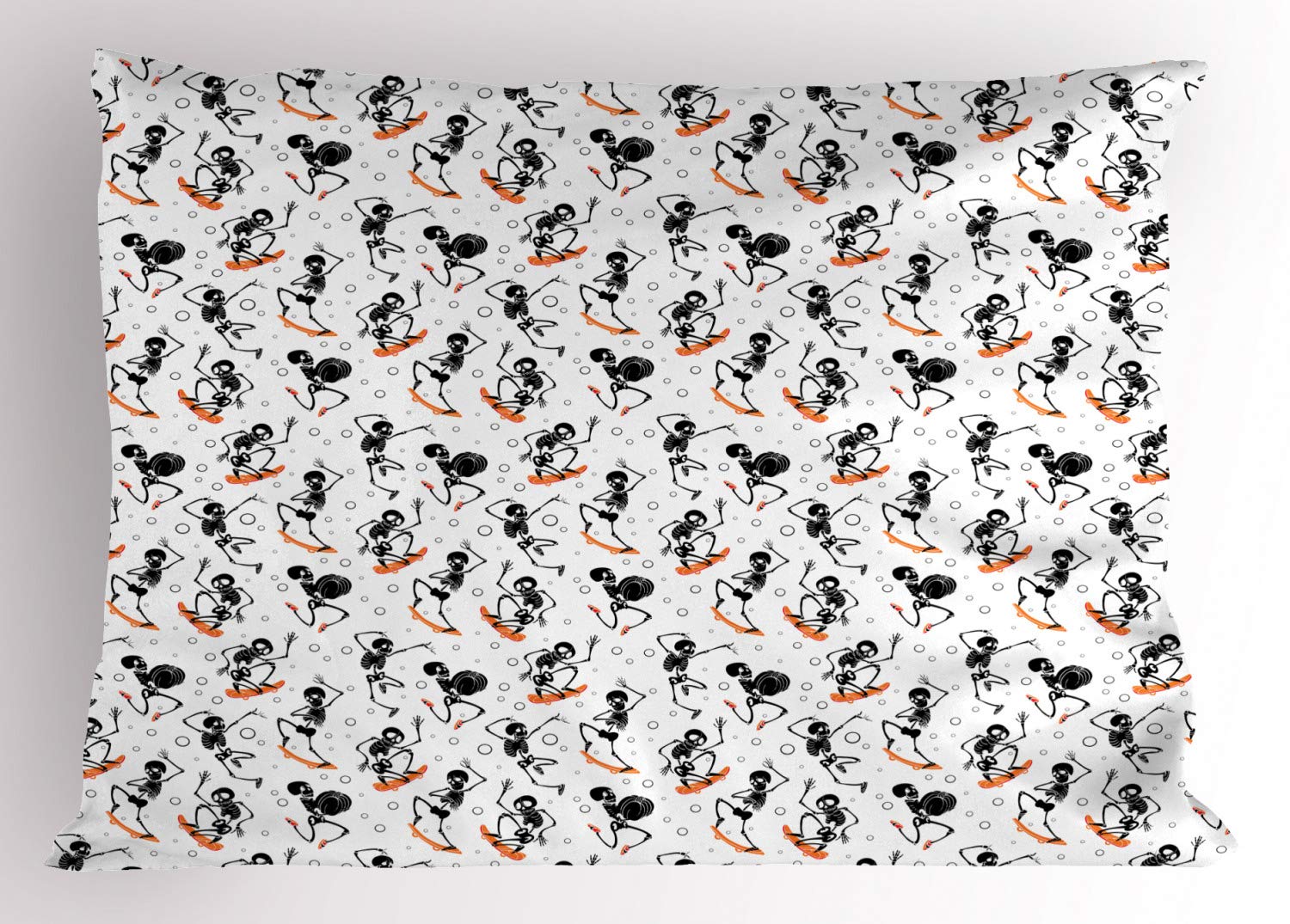Ambesonne Skeleton Pillow Sham - Whimsical Skateboarding Skeleton with Bubbles Print, Decorative Standard Size 26x20 Inch, Charcoal Grey White & Orange - Perfect for Halloween Decor, Gothic Home Accents & Unique Gift Ideas