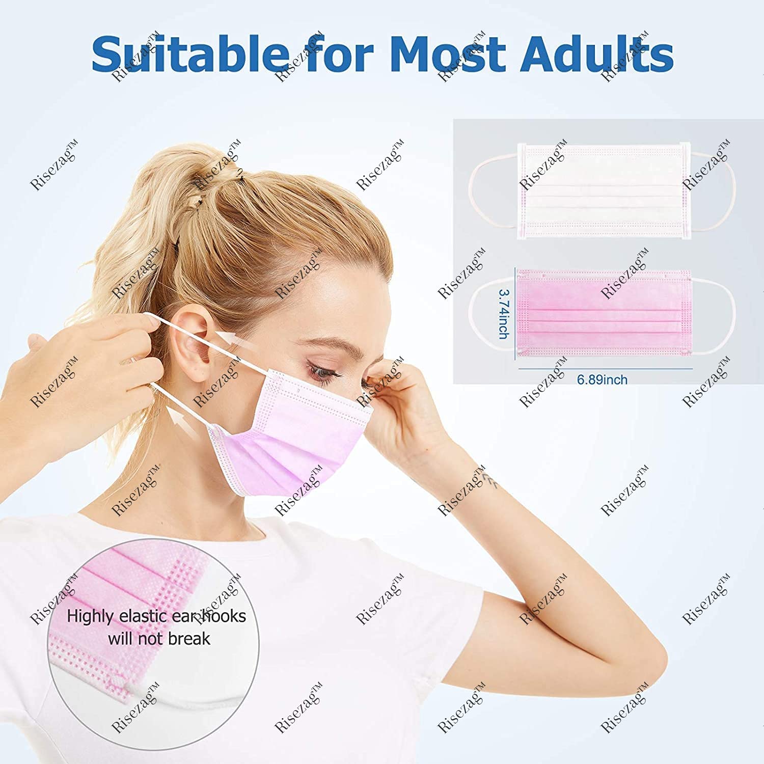 Wisezag 100-Pack Pink Disposable Face Masks for Women - 3-Ply Meltblown Fabric, Nose Clip, Breathable & Comfortable - Ideal for Daily Use, Travel, and Pollution Protection