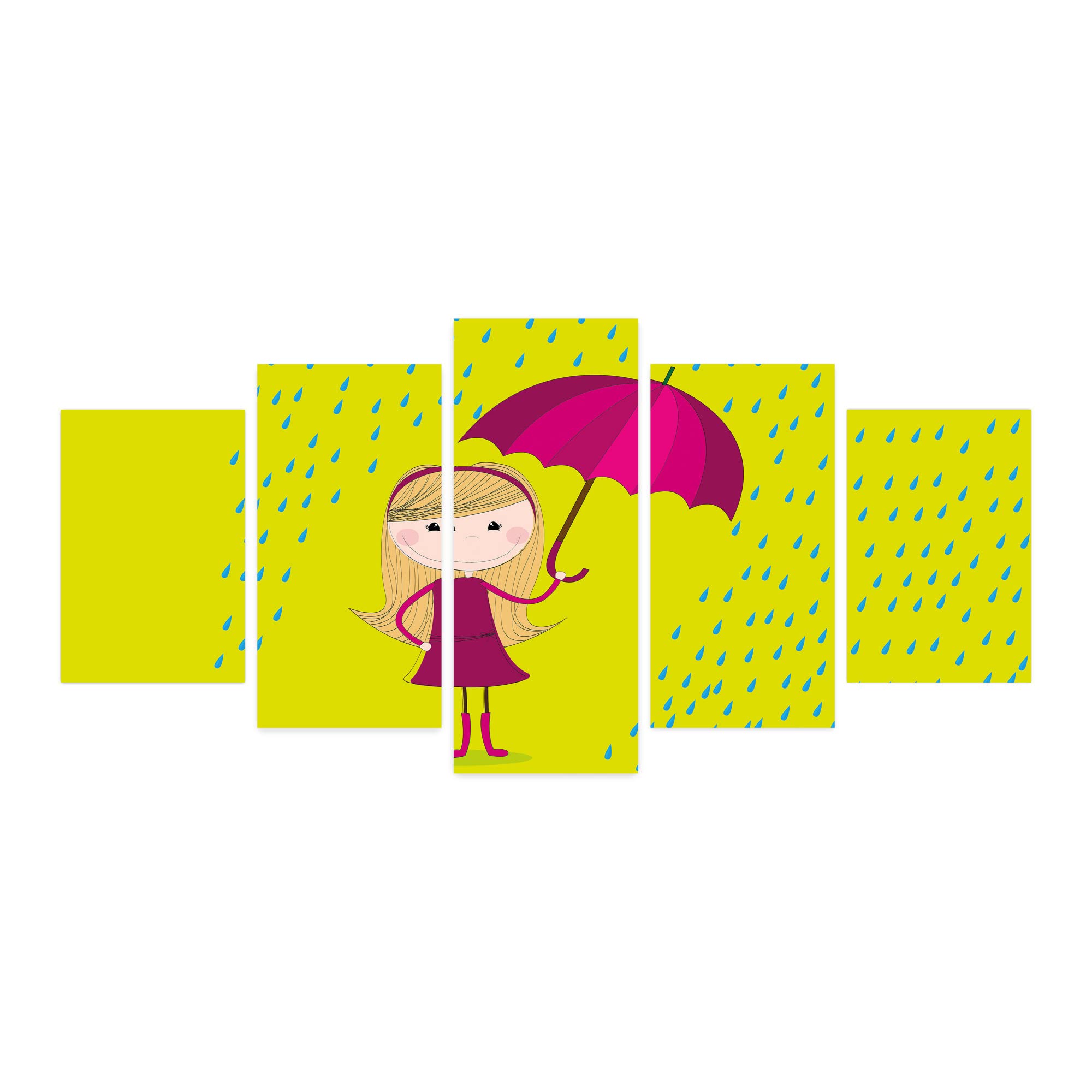 Ambesonne Rain 5-Panel Acrylic Glass Wall Art - Little Girl Holding Umbrella in Rain Sketch, Modern Home Decor for Living Room, Bedroom & Dorm (60x30 Inches, Yellow Green Magenta) - Perfect for Nursery, Kids Room & Cozy Spaces