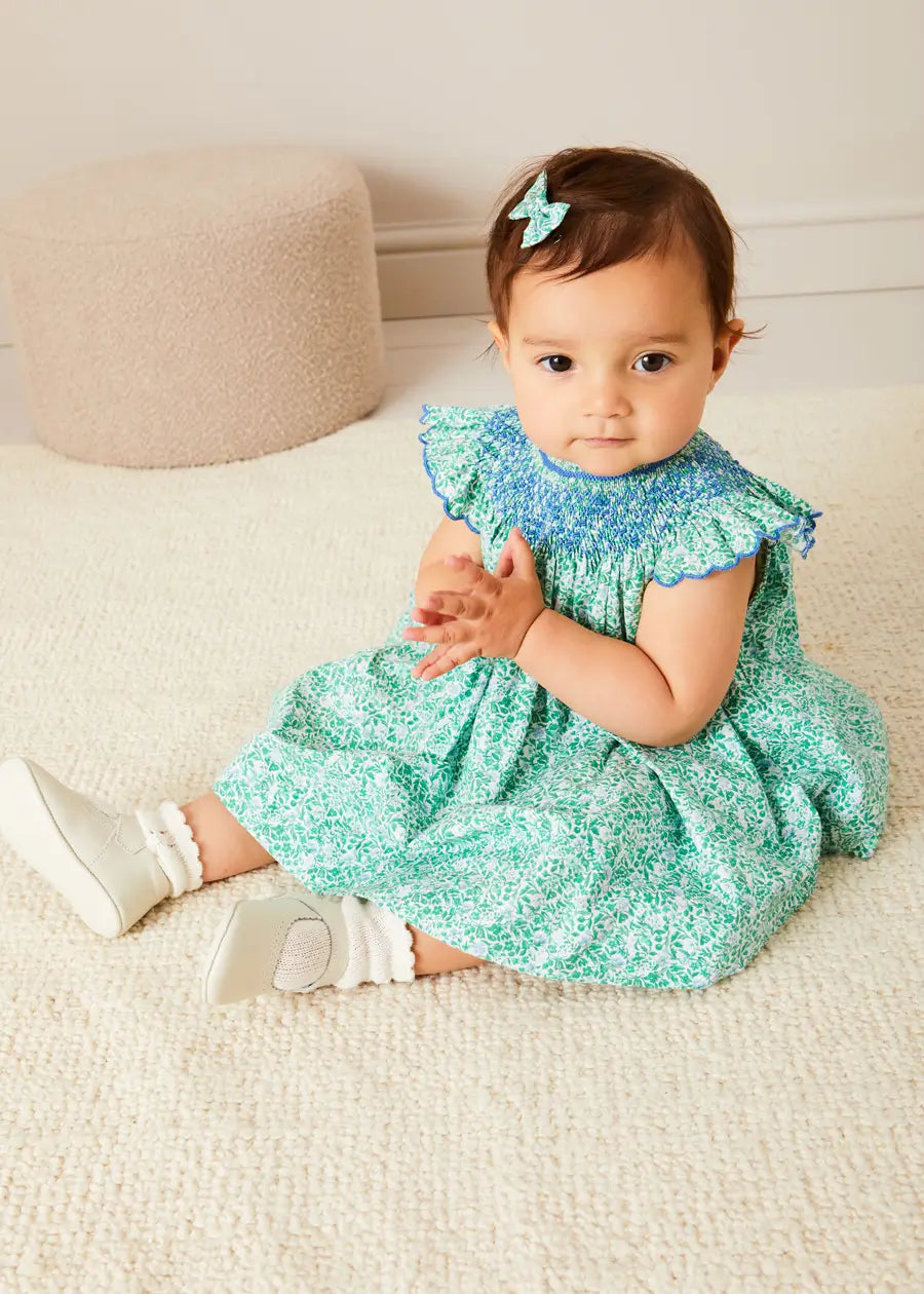 Adelaide Floral Hand Smocked Sleeveless Dress with Bloomers - Green Baby Girl Outfit for 3 Months to 3 Years | Perfect for Spring Photoshoots, Easter Sunday & Special Occasions