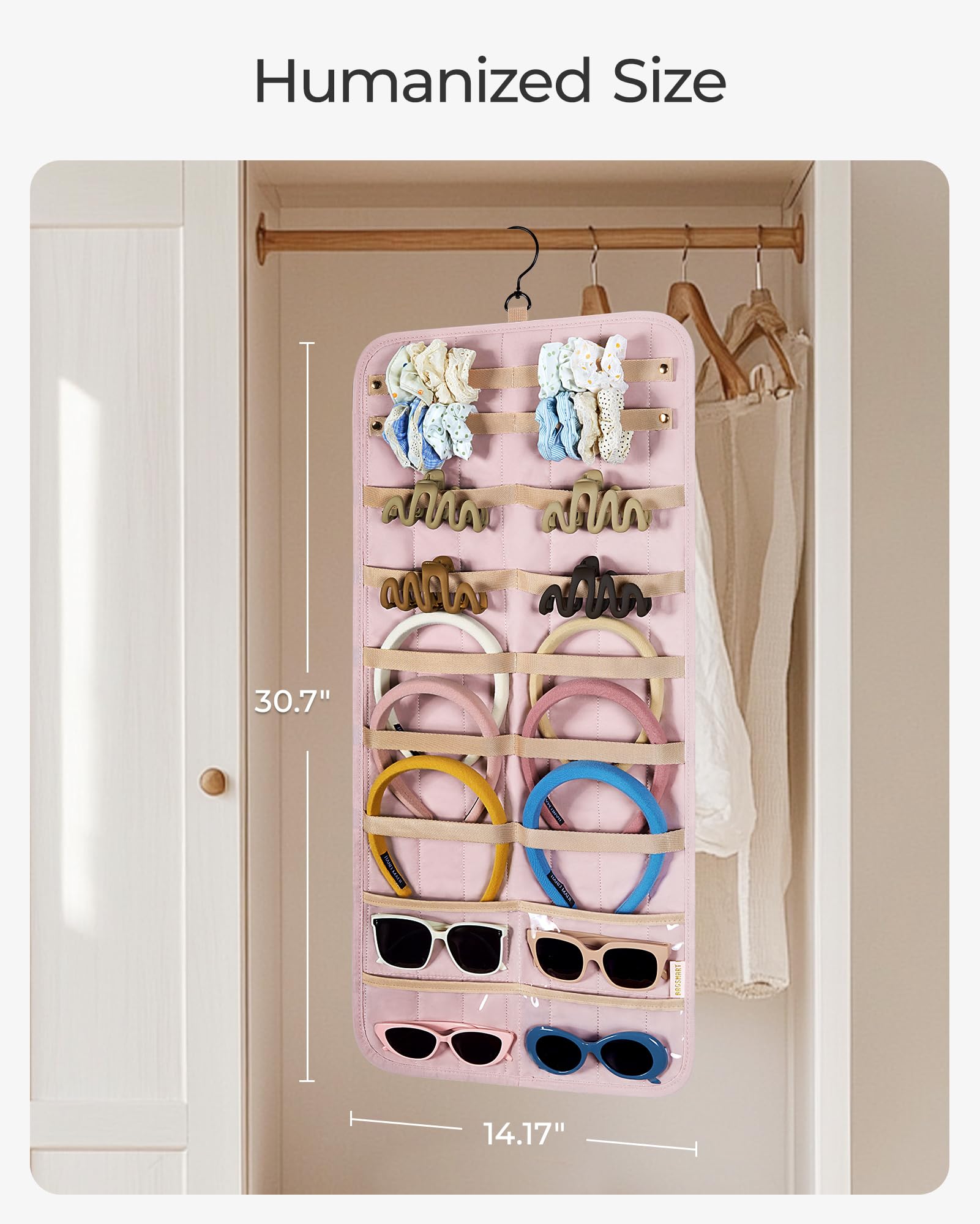BAGSMART Double-Sided Hanging Jewelry Organizer - Claw Clip Holder for Headbands, Sunglasses, Hair Clips & Accessories - Space Saving Wall, Closet & Door Storage (Large, Baby Pink) - Perfect for Bedroom, Bathroom & Travel Organization
