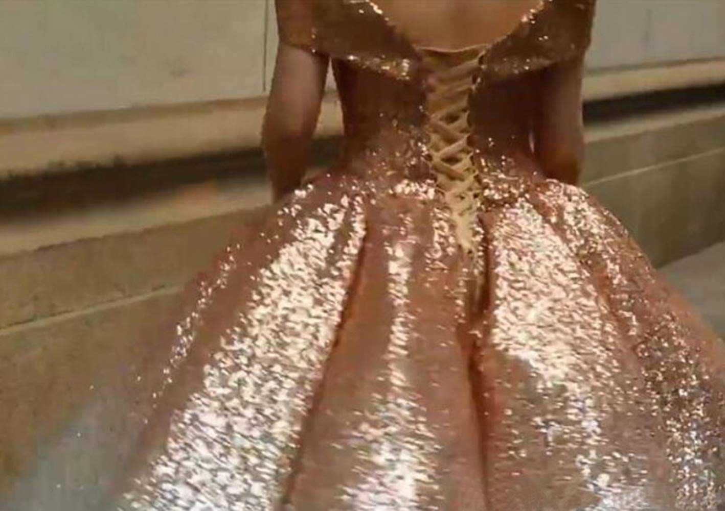 Emanni Women's Off-The-Shoulder Quinceañera Dress - Sparkling Sequin Ball Gown with Ruffled Hem in Champagne Gold | Perfect for Sweet 16, Prom, Homecoming & Formal Events
