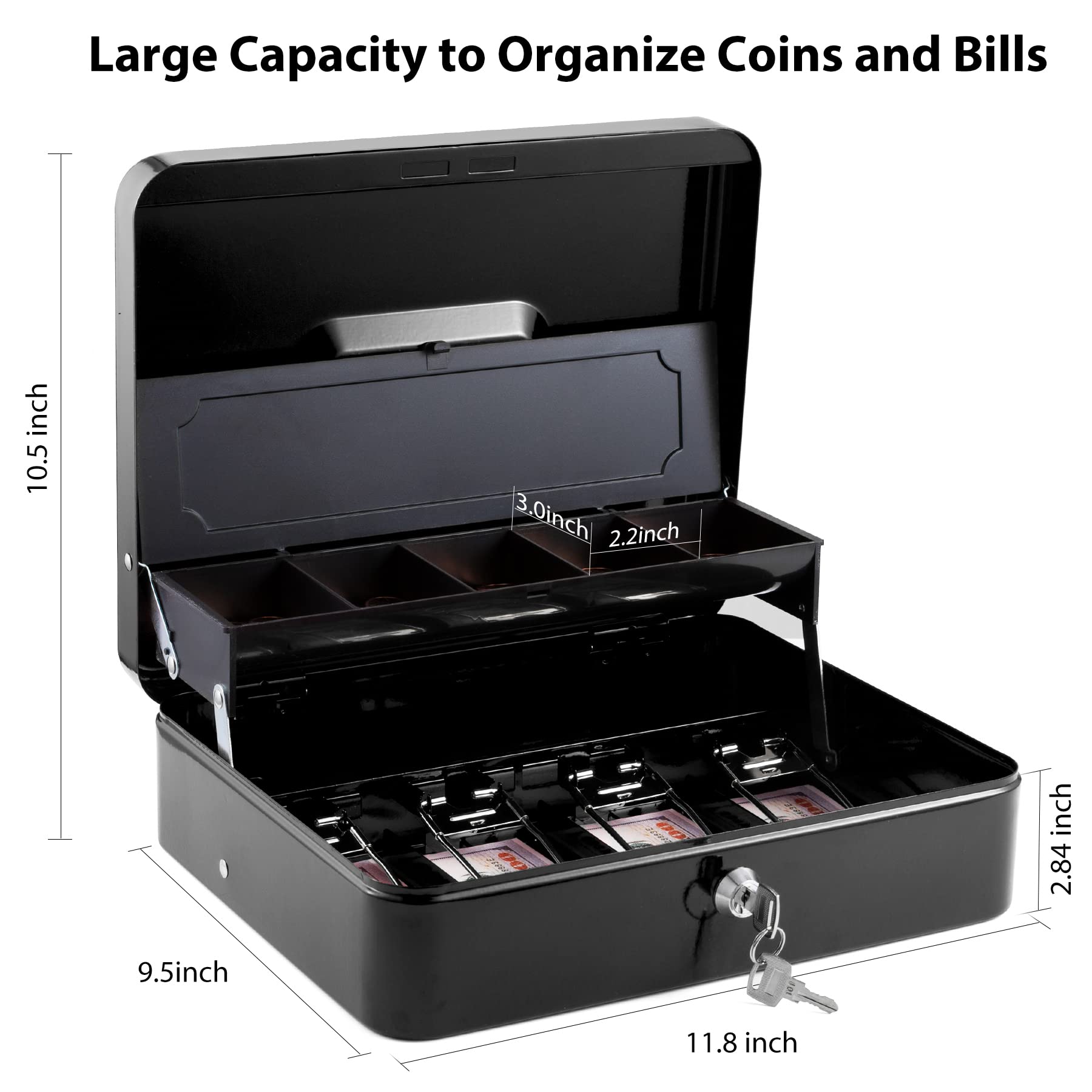 WOT I Steel Cash Box with Money Tray & Key Lock - 11.8