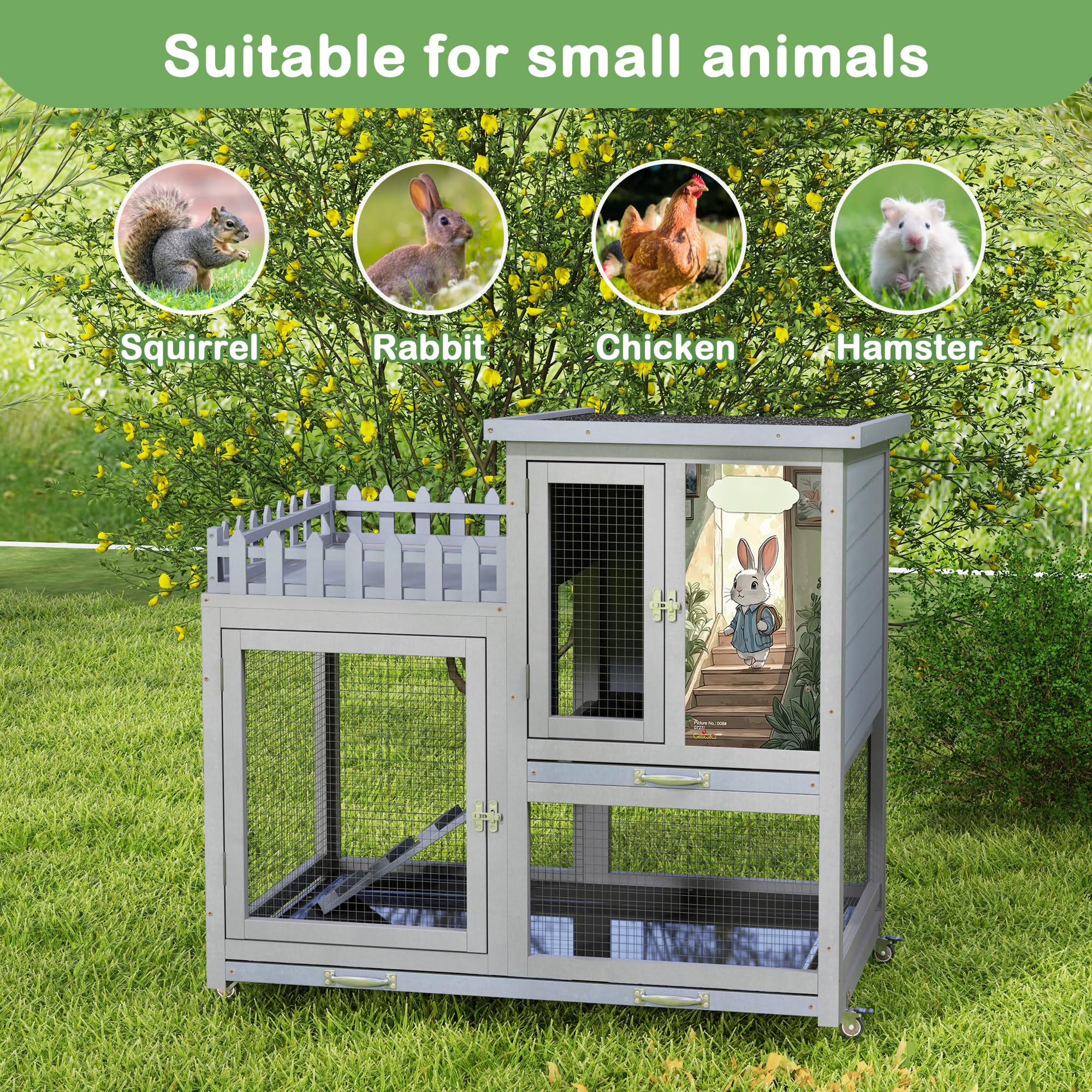 Premium Wooden Rabbit Hutch with Balcony - Indoor/Outdoor Bunny Cage on Wheels for Small Pets, Includes Ramp, Pull-Out Tray & Water Bottle (Grey Pattern) - Perfect for Backyard, Patio or Home Decor