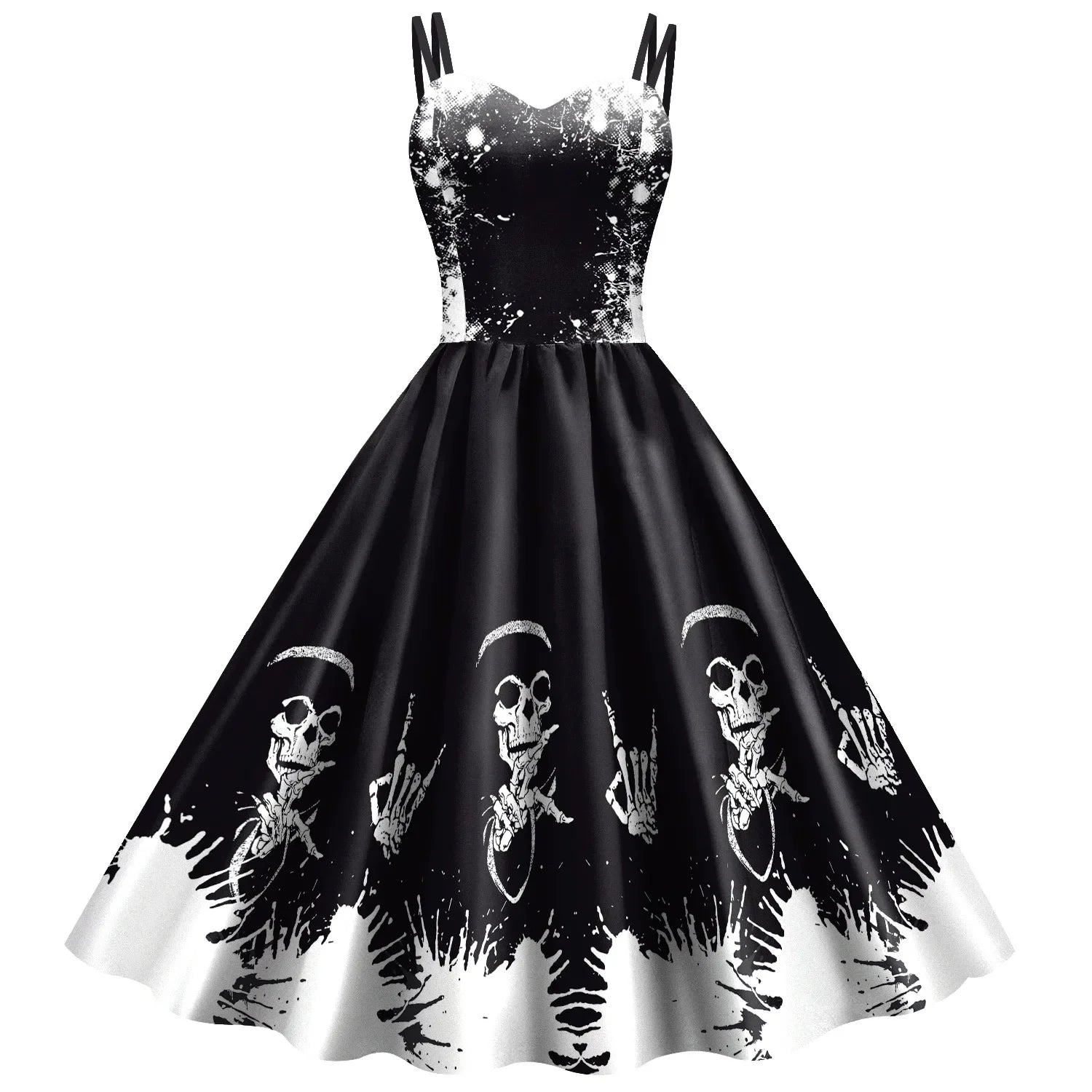 Gothic Skeleton Halloween Dress for Women - Elegant Black Rockabilly Costume for Halloween Parties, Carnival, Cosplay & Horror Themed Events