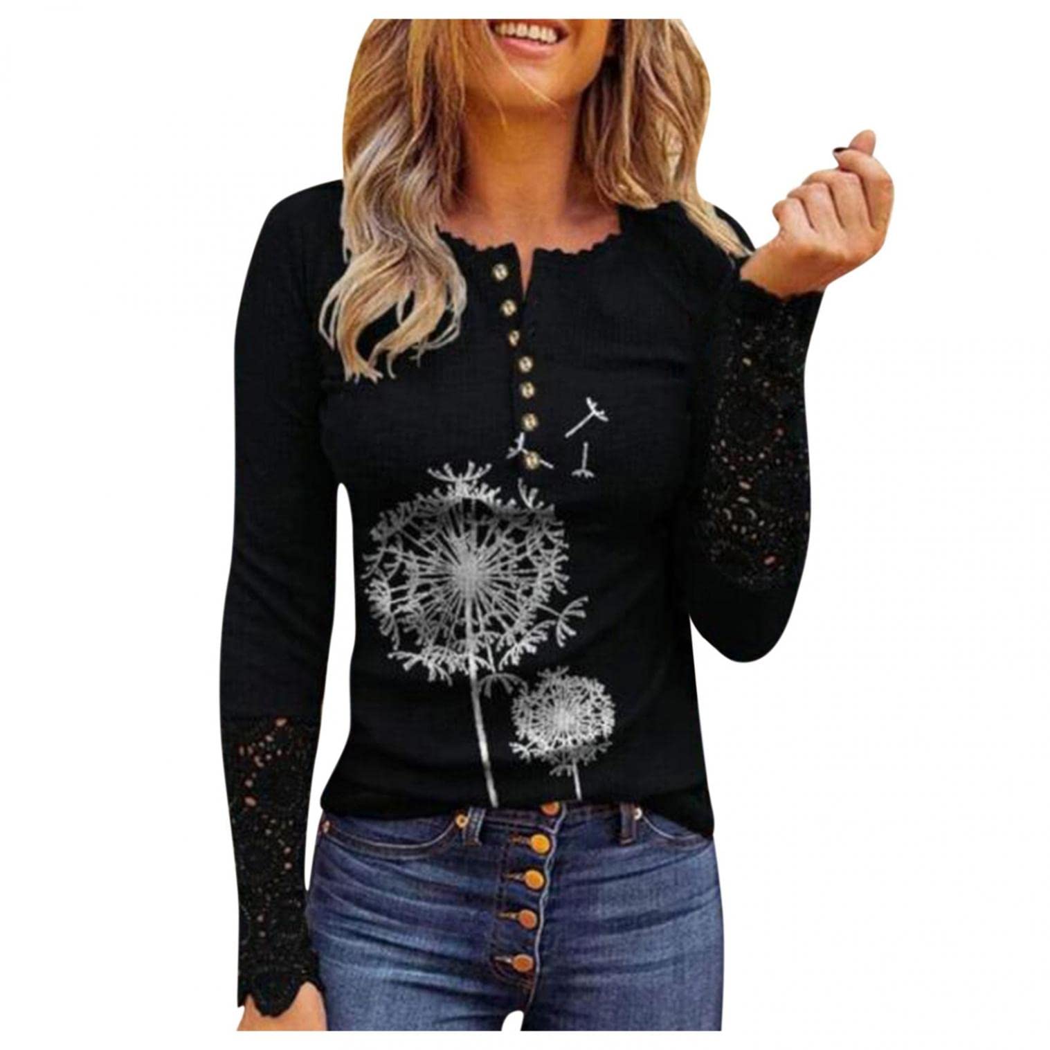 Women's Long Sleeve Lace V-Neck Button Down Blouse - Elegant Stitching Pullover Top for Fall Winter 2021 | Perfect for Office Wear, Date Nights & Casual Outings