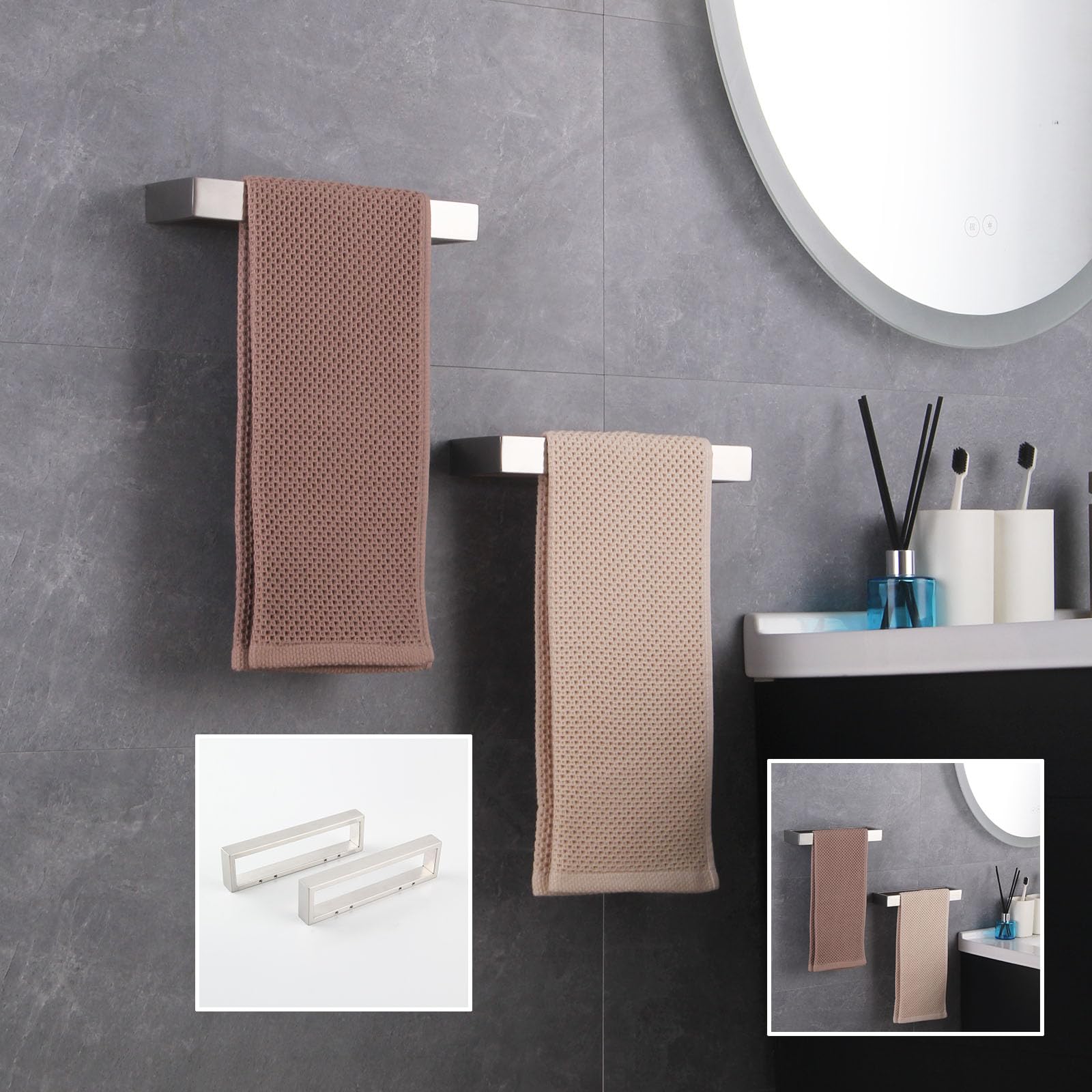 Modern Square Towel Holder - Brushed Stainless Steel Wall Mounted Towel Hanger & Ring Set (2 Pack) - Bathroom Accessories for Spa, Hotel & Home Decor - HG1716-2LS