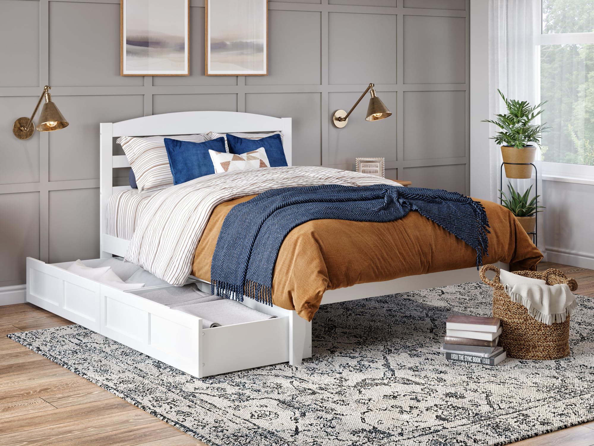 AFI Warren Full Size Platform Bed Frame with Storage Drawers (Set of 2) & Built-in USB Charging Ports - White Modern Bedroom Furniture for Small Spaces & Studio Apartments