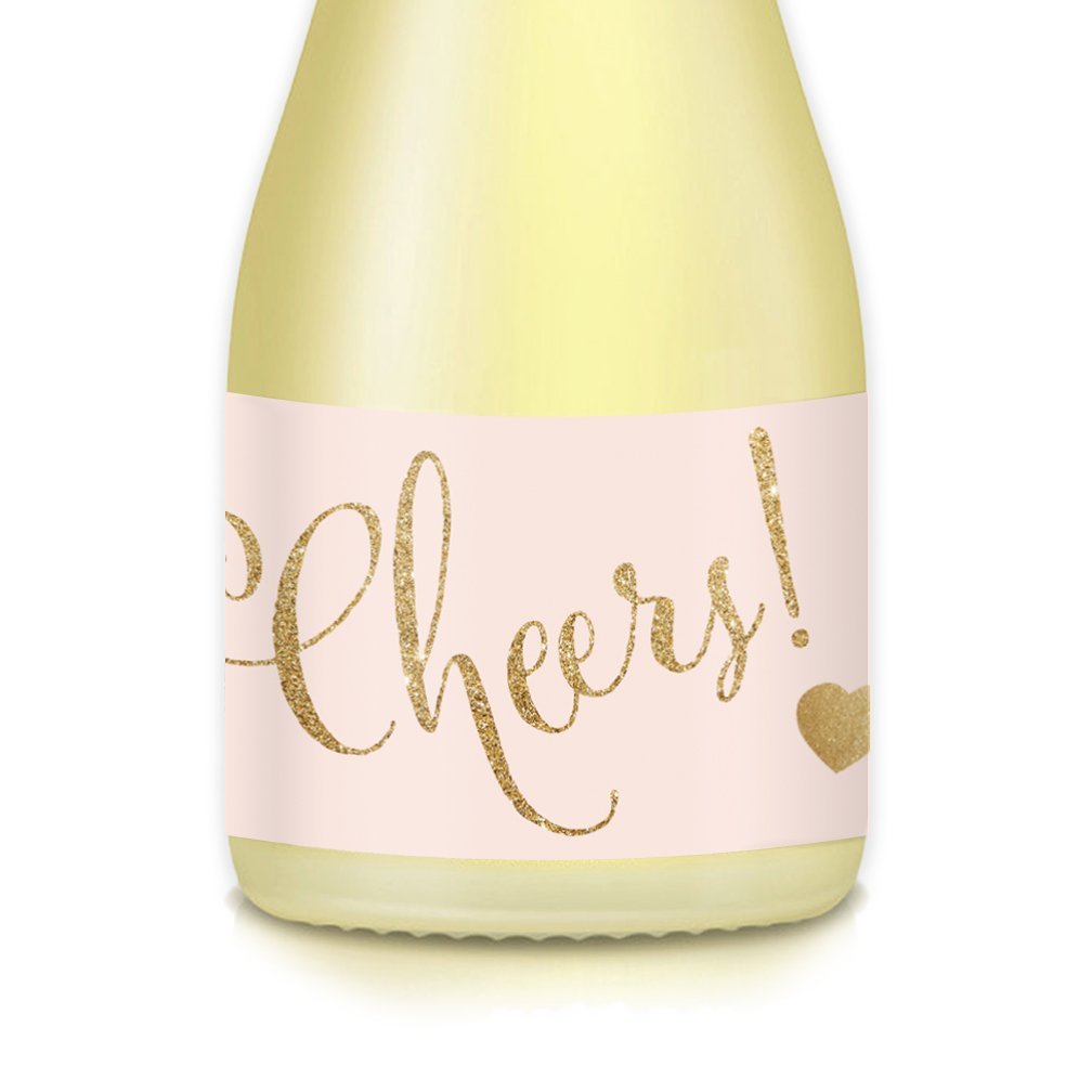 Mini Champagne & Wine Bottle Labels - Set of 20 Pink & Gold CHEERS! Graduation, Birthday, Quinceañera, Engagement Party, Bridal Shower Favors - 3.5
