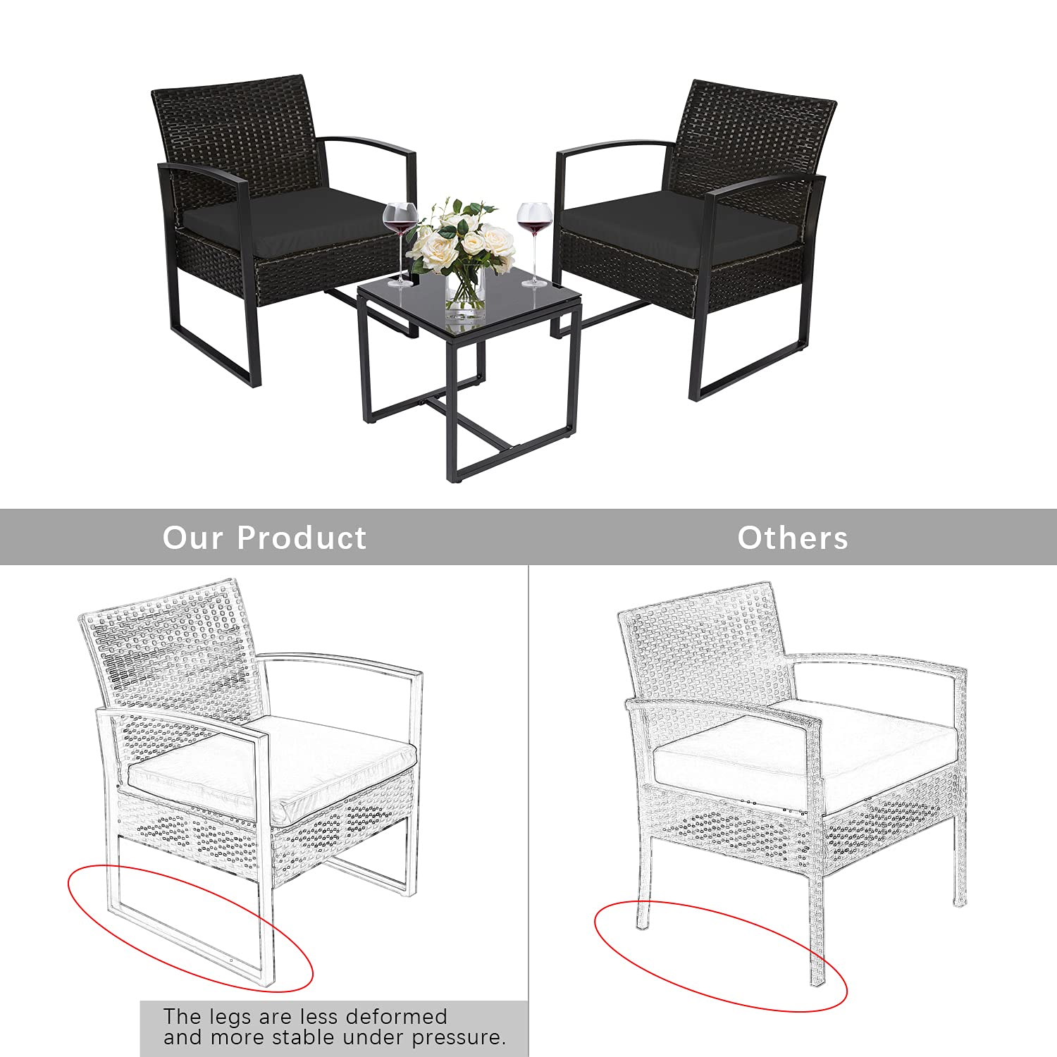 3-Piece Outdoor Patio Furniture Set - Modern Wicker Bistro Set with Rattan Chairs & Coffee Table - Black - Perfect for Garden, Balcony, and Backyard Relaxation