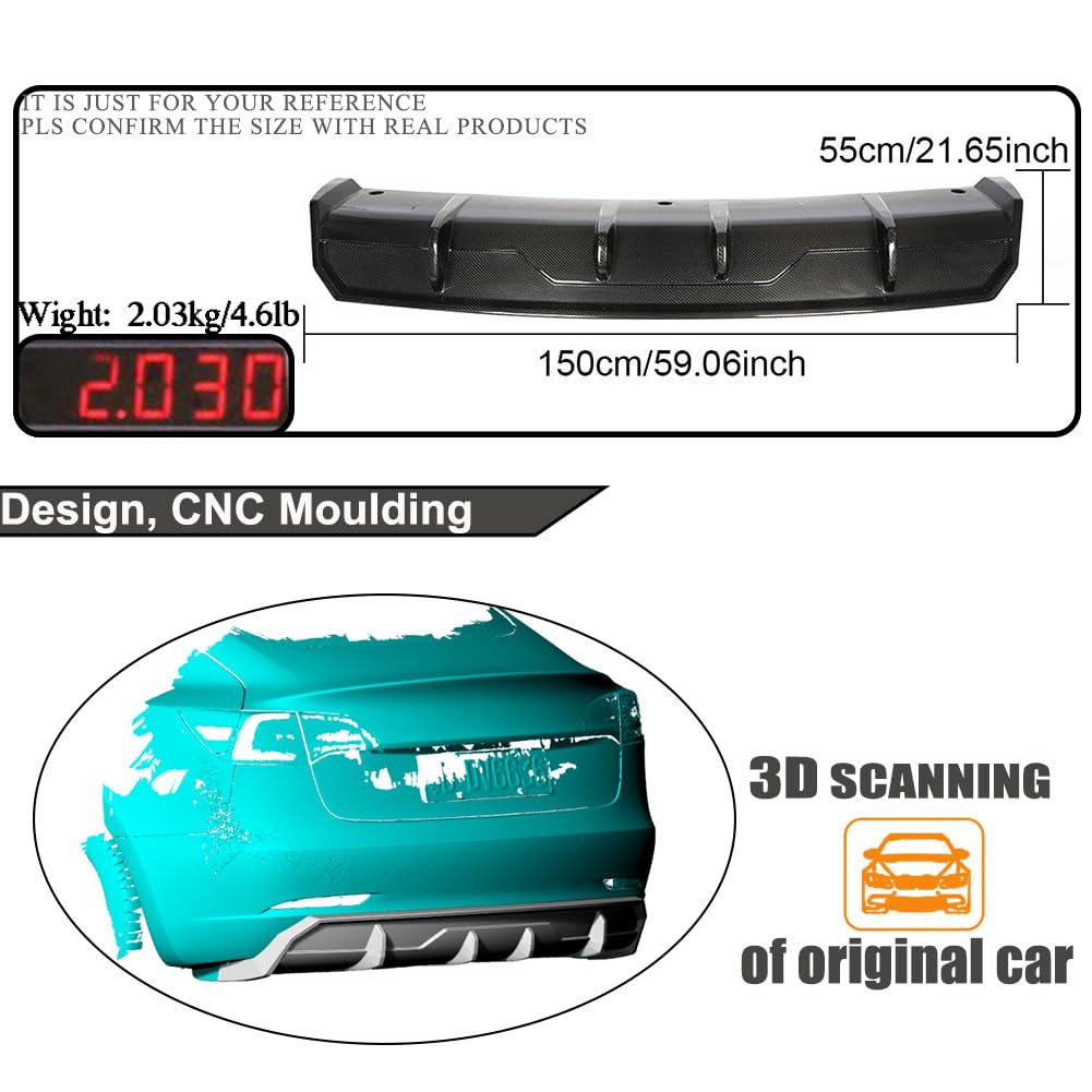 Carbon Fiber Rear Diffuser for Tesla Model 3 (2016-2023) - Rear Lip Diffuser Protector & Lower Bumper Spoiler Body Kit (Style C) | Factory Outlet | Enhance Aerodynamics & Style for Your Tesla Model 3 Sedan