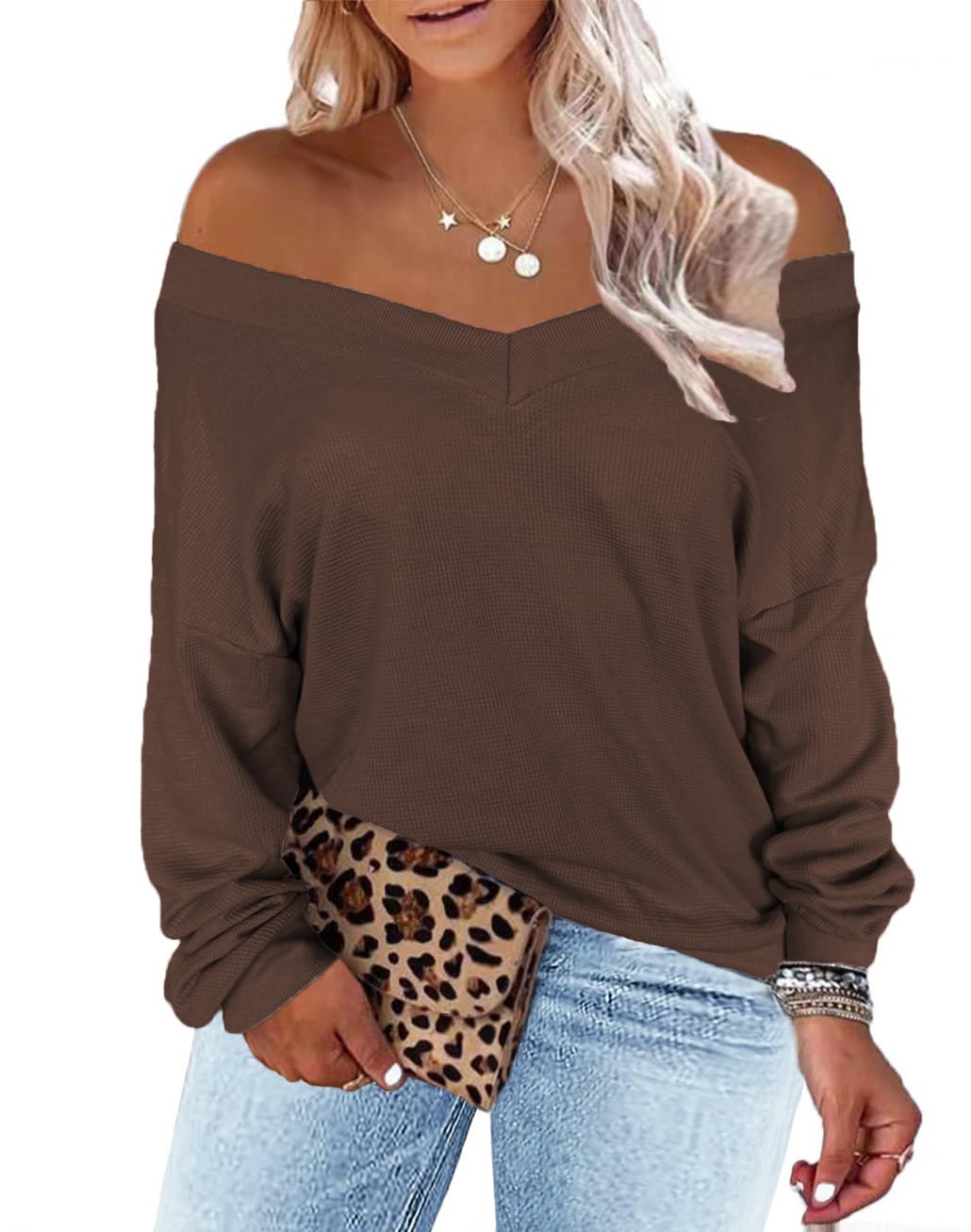 Plus Size Women's Long Sleeve Waffle Knit V-Neck Pullover Sweater Tops 1X-5X - Cozy Fall & Winter Layering for Casual Outfits & Office Wear