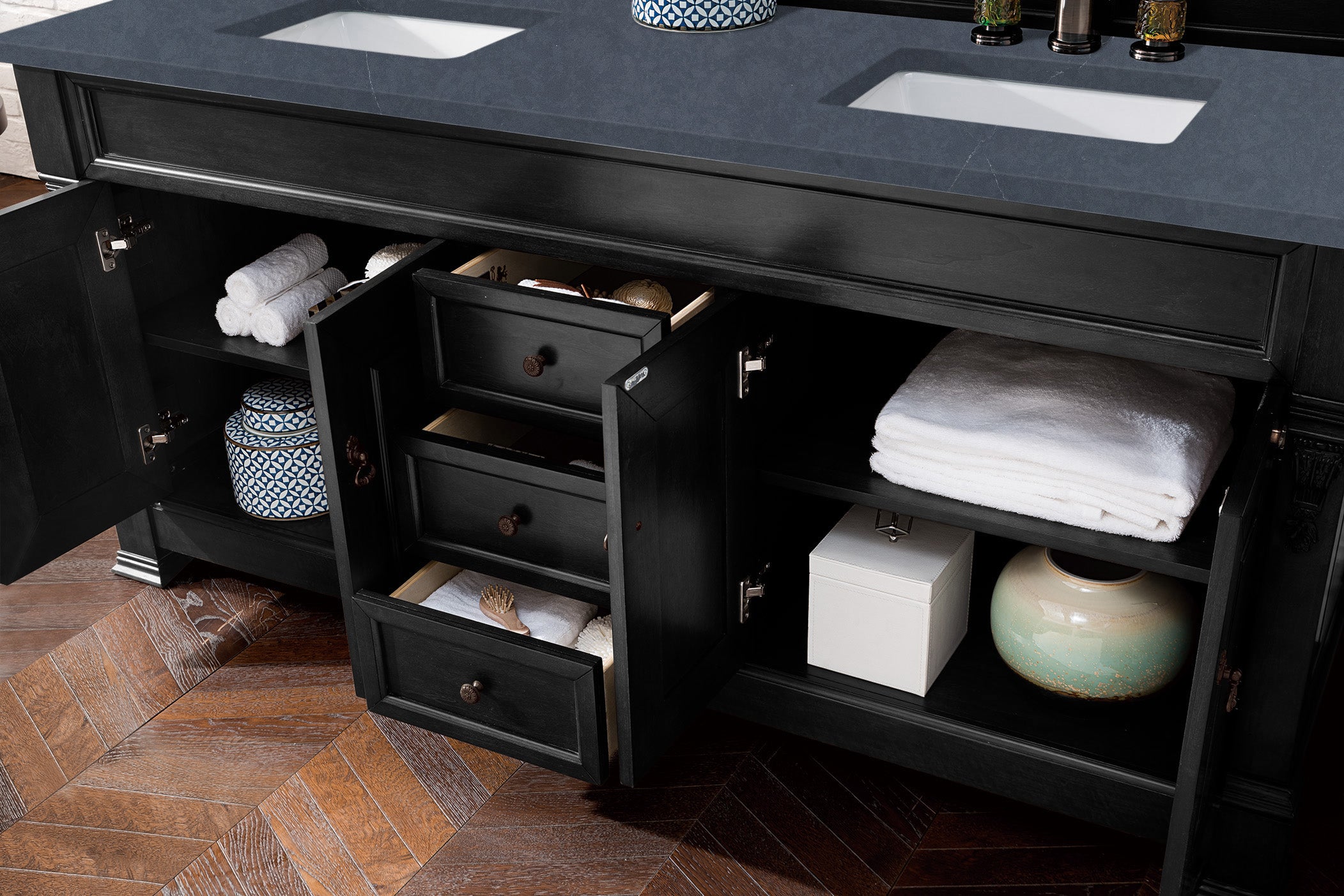 Brookfield 72-Inch Double Vanity with Antique Black Finish & 3CM Charcoal Soapstone Quartz Countertop - Perfect for Master Bathroom Renovation and Luxurious Home Upgrade
