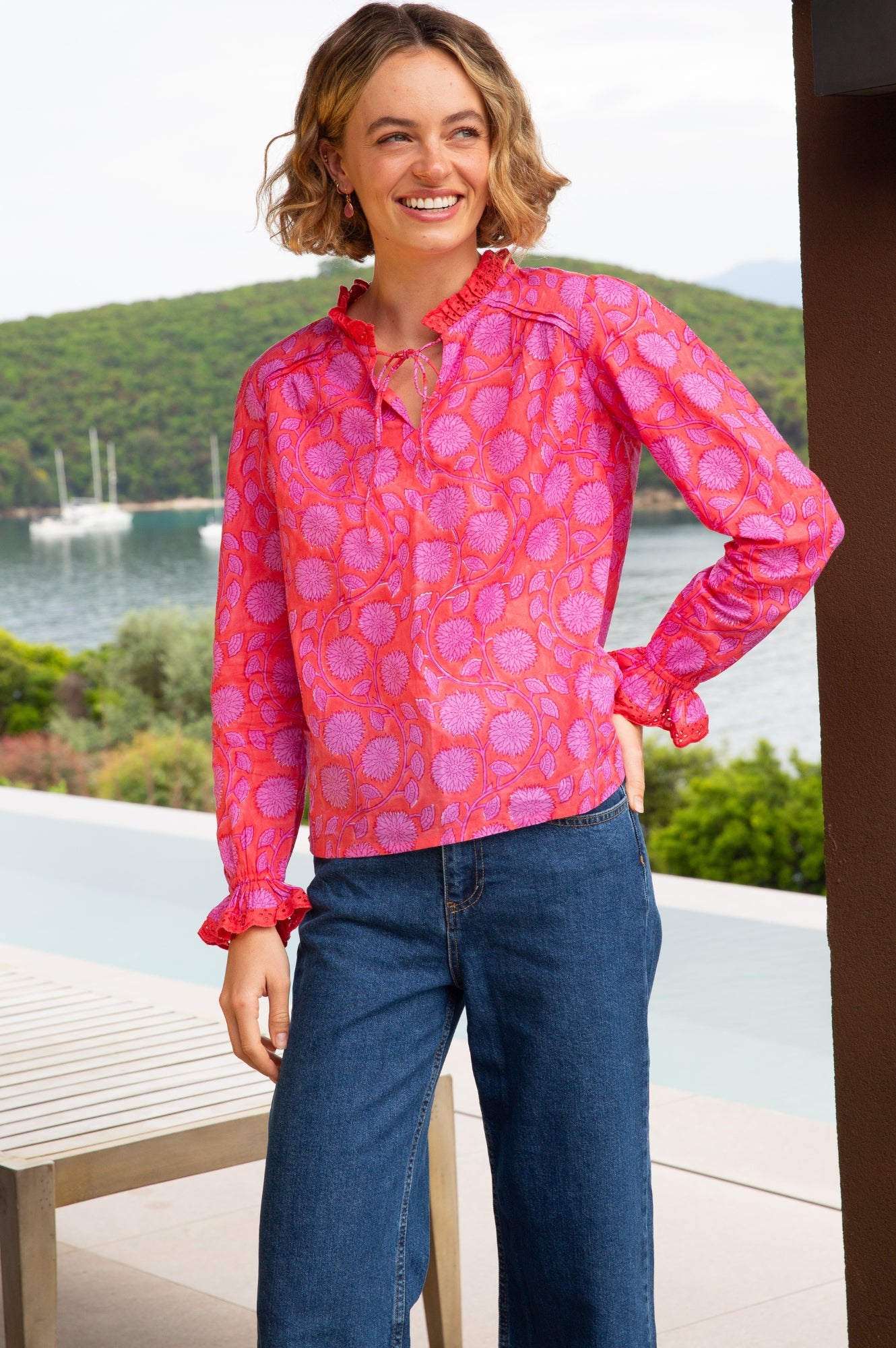 Rosie Organic Cotton Block Print Blouse - Lotus Red & Pink Floral Embroidered Top for Women | Boho Chic Summer Outfit, Casual Wear & Festival Fashion
