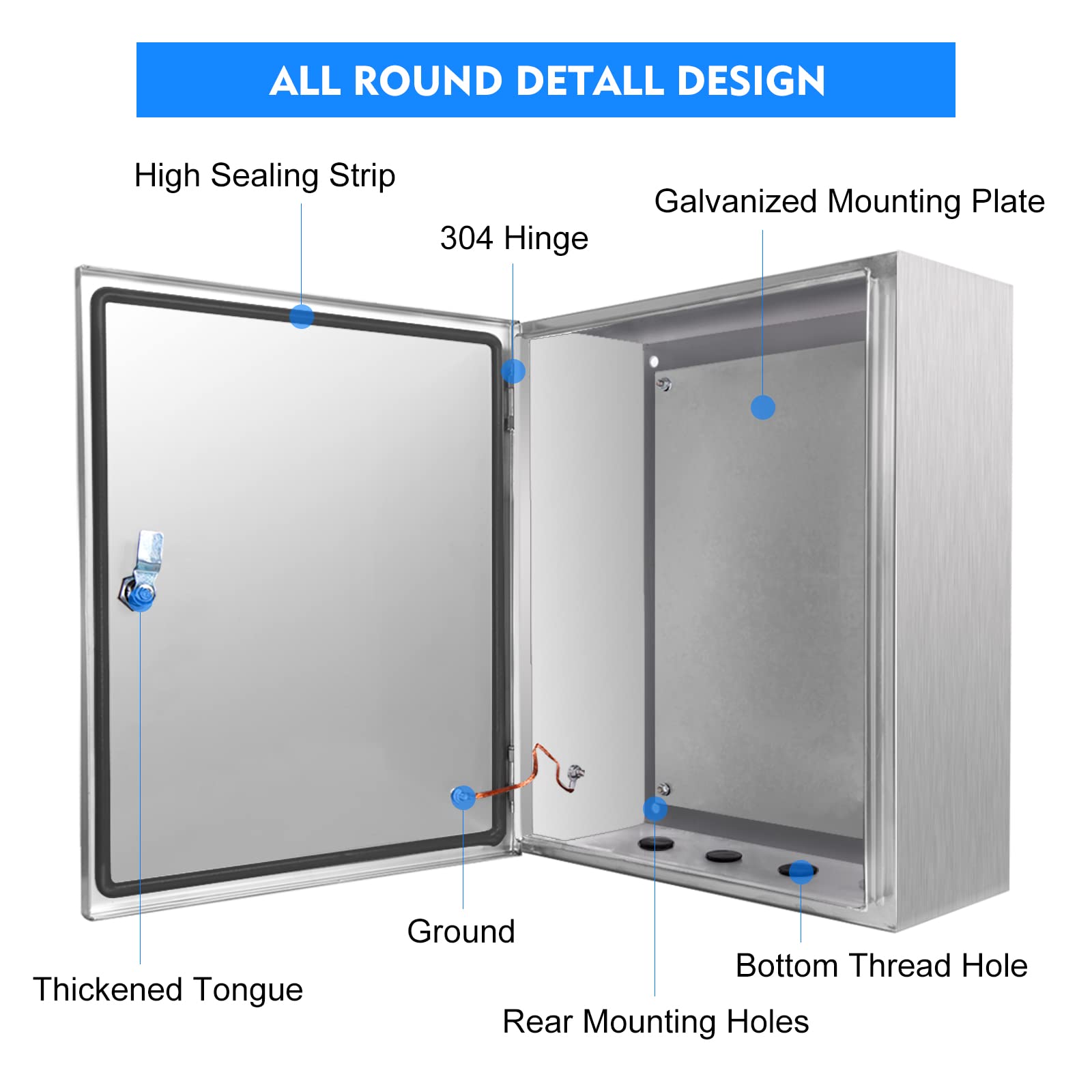 304 Stainless Steel Electrical Enclosure Box 20x16x8 Inch, NEMA4X IP66 Waterproof Outdoor Electrical Junction Box with Lock & Mounting Plate - Ideal for Industrial Equipment, Solar Panel Systems & Outdoor Electrical Installations