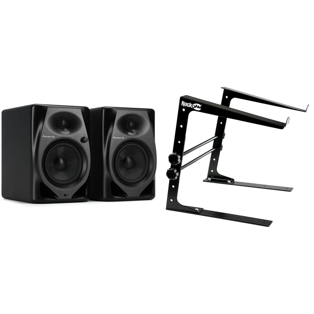 Pioneer DJ DM-50D 5-inch Powered Studio Monitor Speakers (Pair) - Professional Black DJ Monitor for Home & Studio Recording | RockJam Adjustable Height Portable DJ Laptop Stand with Anti-Slip Surface - Perfect for DJ Controllers, Laptops & CD Players - Ideal for Home Studios, Live Performances & Music Production