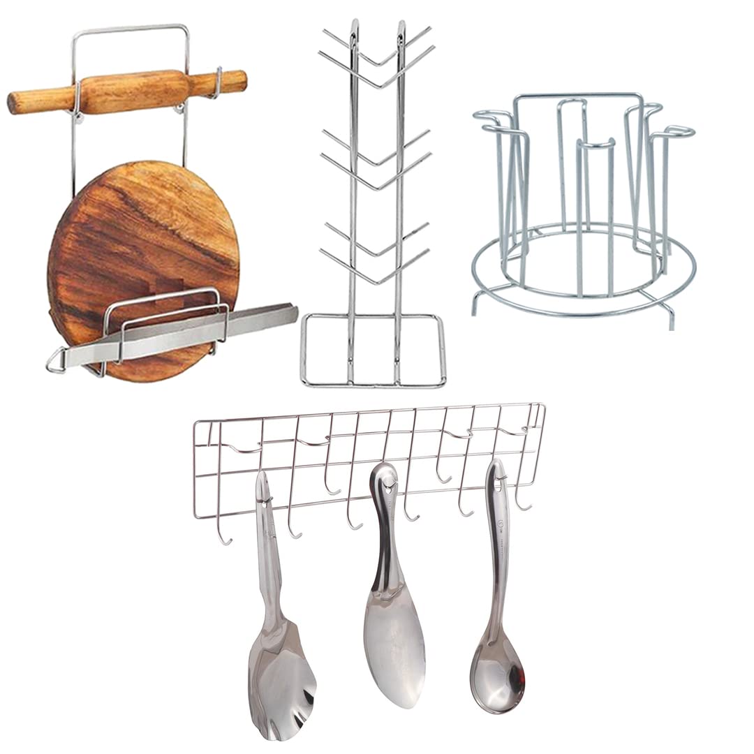 JISUN 4-Pack Stainless Steel Kitchen Organizer Set - Cup Holder, Glass Stand, Wall Mounted Ladle Hook Rail & Chakla Belan Stand - Space Saving Silver Storage Solution for Cups, Utensils & Rolling Pins - Perfect for Small Kitchens, RVs & Dorm Rooms