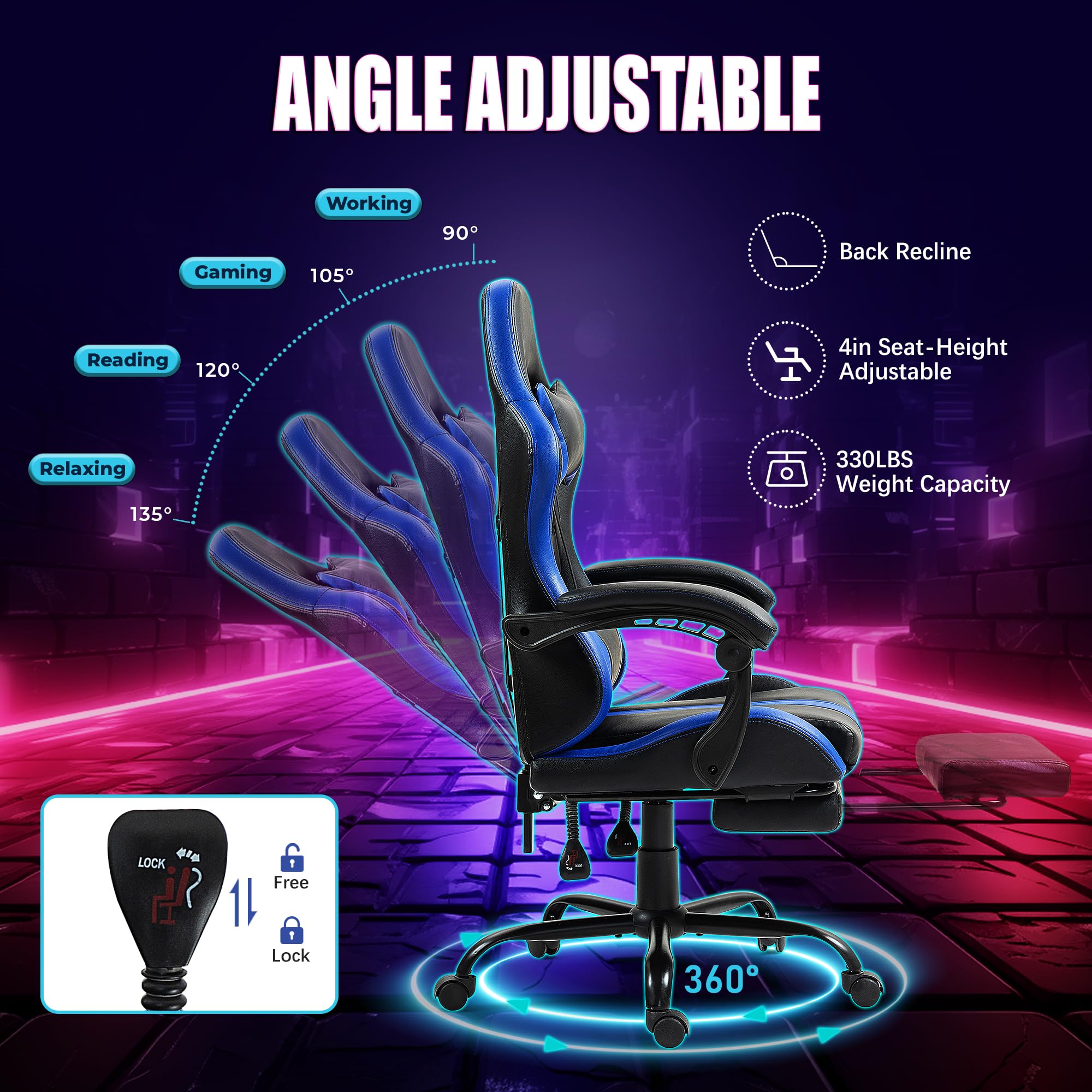 Ergonomic Massage Gaming Chair with Adjustable Footrest & Lumbar Support - PU Leather Office Computer Chair with 360° Swivel & Height Adjustment - Perfect for Home Office, Gaming Setup & Workstation Comfort (Blue)