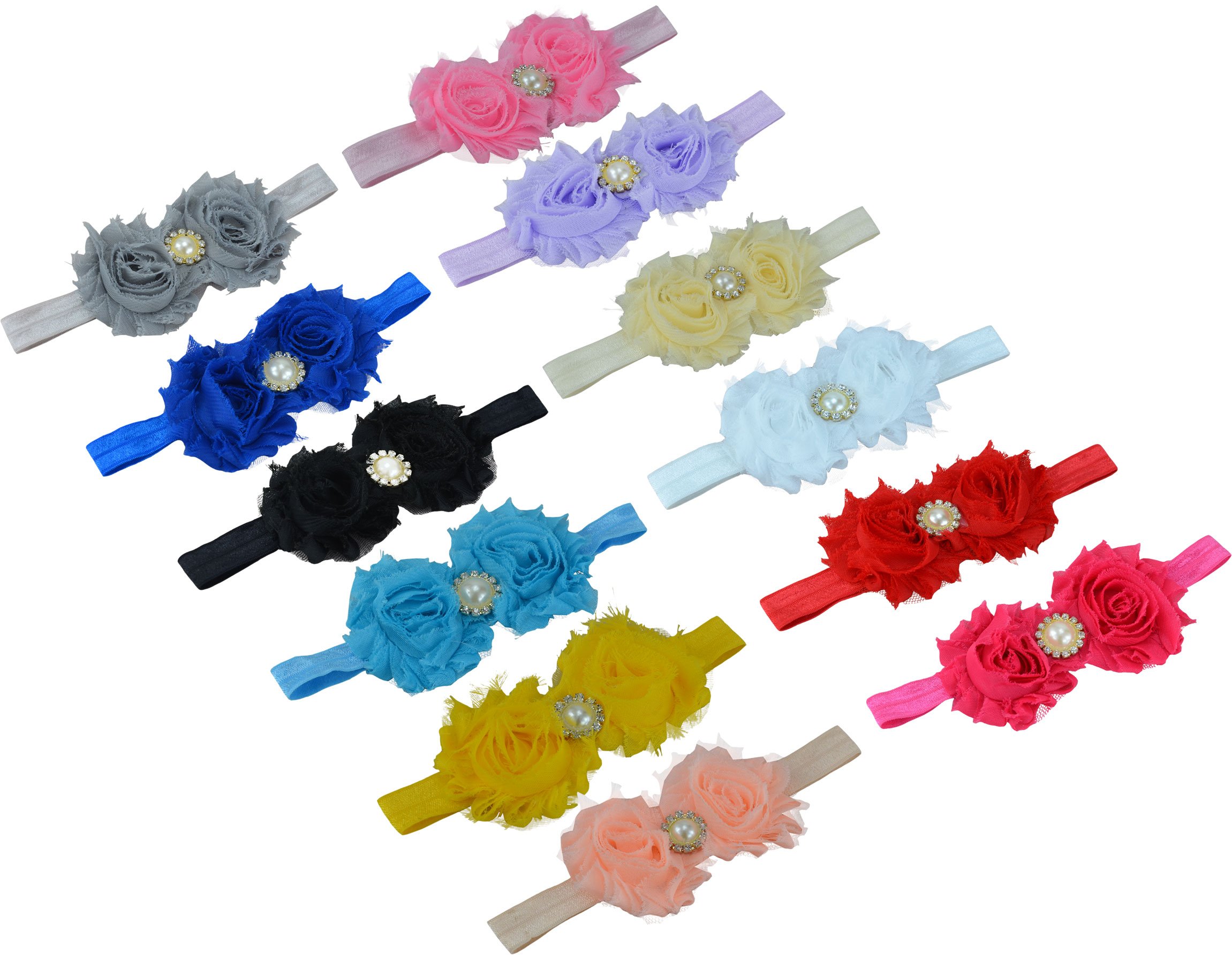 12 Pcs Heymei Baby Girls Hair Bows - Solid Color Chiffon Flower Headbands with Elastic (12 Pure Colors) - Perfect for Birthday Parties, Photo Shoots & Daily Outfits