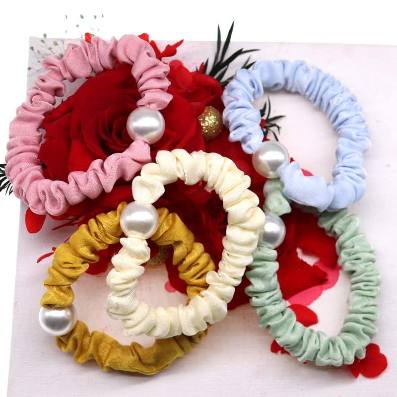 BELICIA Pearl Hair Ties 5 Pack - Elegant Beaded Scrunchies, Hair Rings & Ponytail Holders for Women & Girls | Korean Hair Accessories Gift Set for Party, Wedding & Daily Use