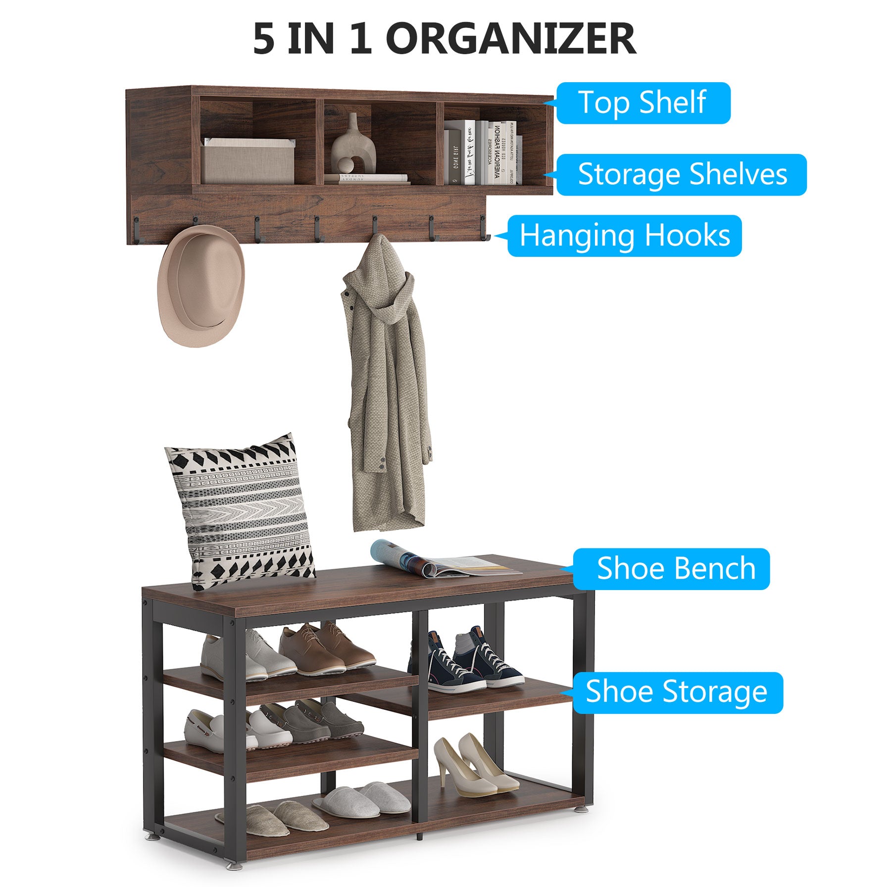 5 in 1 Coat Rack Shoe Bench Set with Wall Mounted Shelf - Space Saving Entryway Organizer for Hats, Bags & Shoes | Perfect for Hallway, Mudroom or Foyer Decor