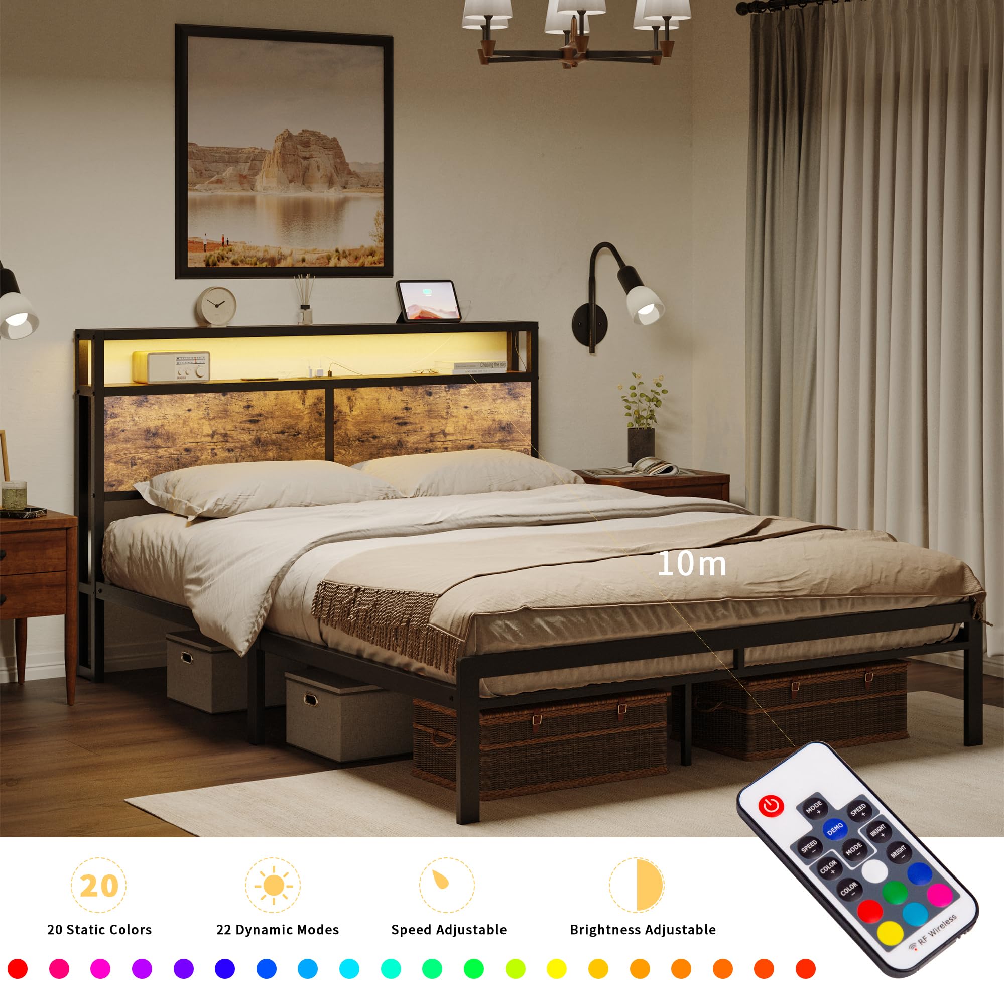 Queen Size Bed Frame with Storage Headboard, LED Lights & Metal Platform - Sturdy Slat Support, No Box Spring Needed - Quiet Non-Slip Mattress Foundation for Master Bedroom, Guest Room or Dorm