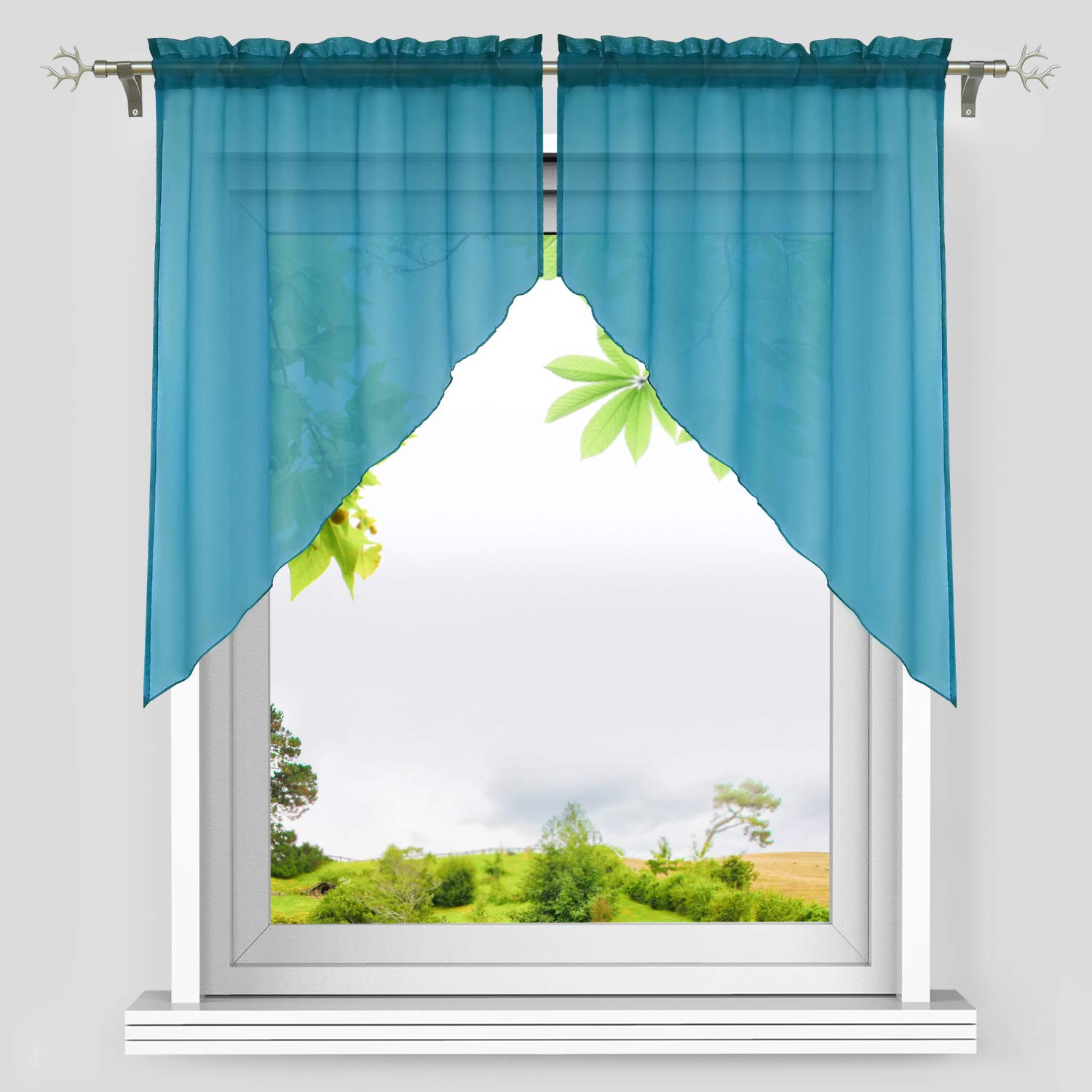 Sheer Voile Swag Curtains with Rod Pocket - Peacock Blue Window Valance (47x49 Inch, 2 Pack) - Elegant Kitchen & Living Room Curtains for Light Filtering & Privacy