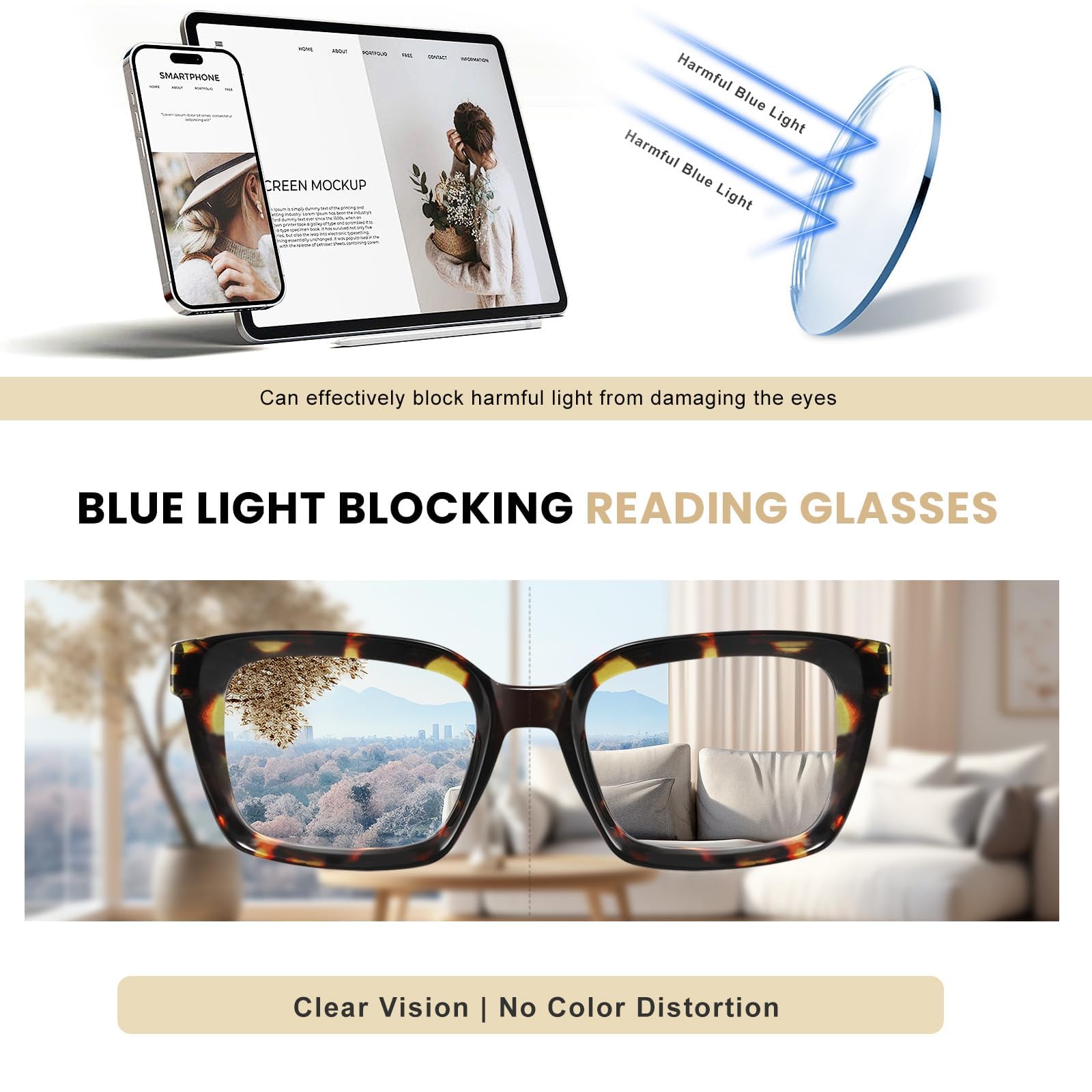 Blue Light Blocking Reading Glasses for Women & Men - Anti Glare Oversized Square Readers with Spring Hinge for Computer Work, Reading & Office Use