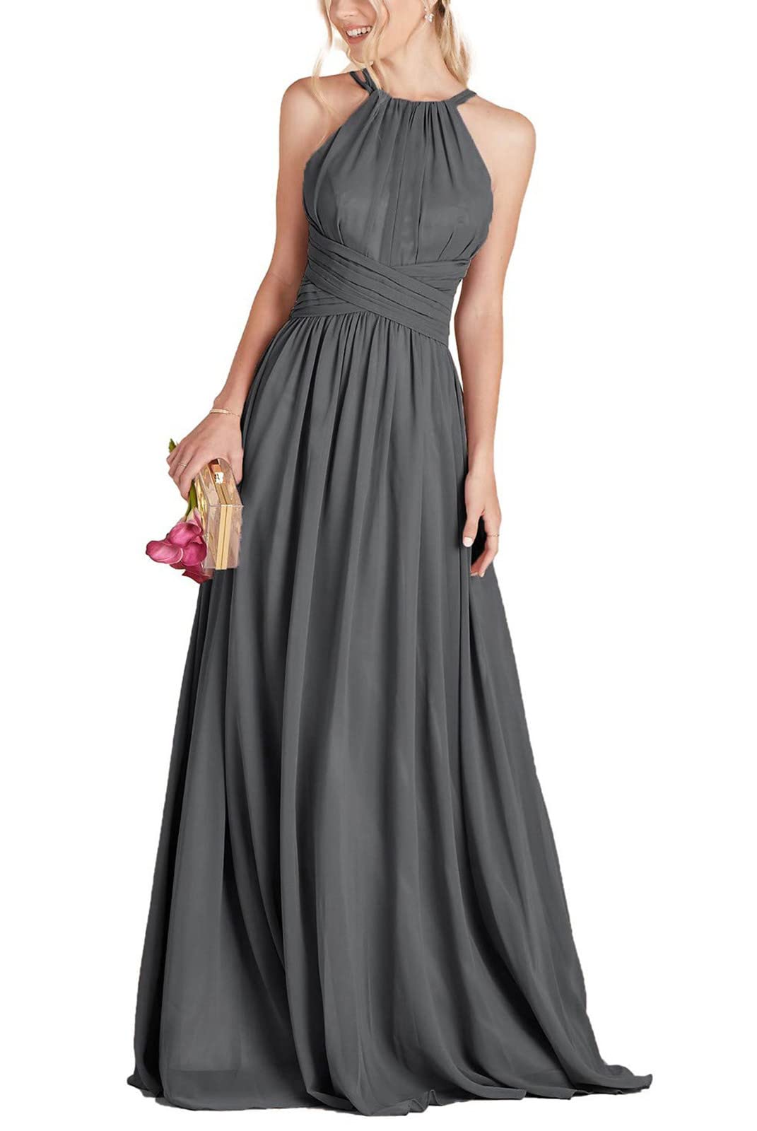 PrettyTatum Women's Elegant Halter Bridesmaid Dresses - Long Formal Prom Gown with A-Line Pleated Chiffon Skirt for Weddings, Parties & Special Occasions