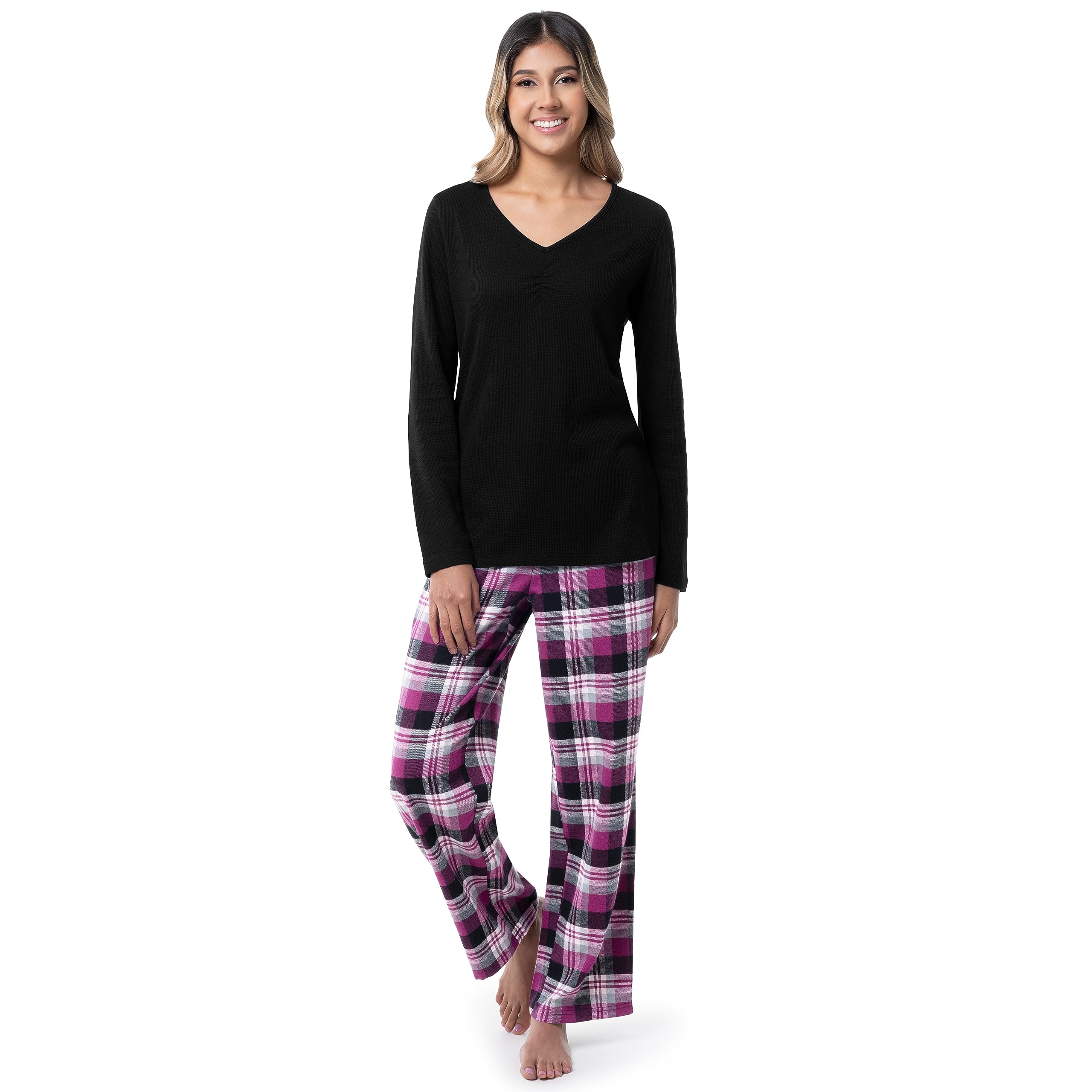 Fruit of the Loom Women's Waffle Knit V-Neck Top & Flannel Pajama Pants Sleepwear Set - Cozy Loungewear for Winter Nights and Relaxing at Home