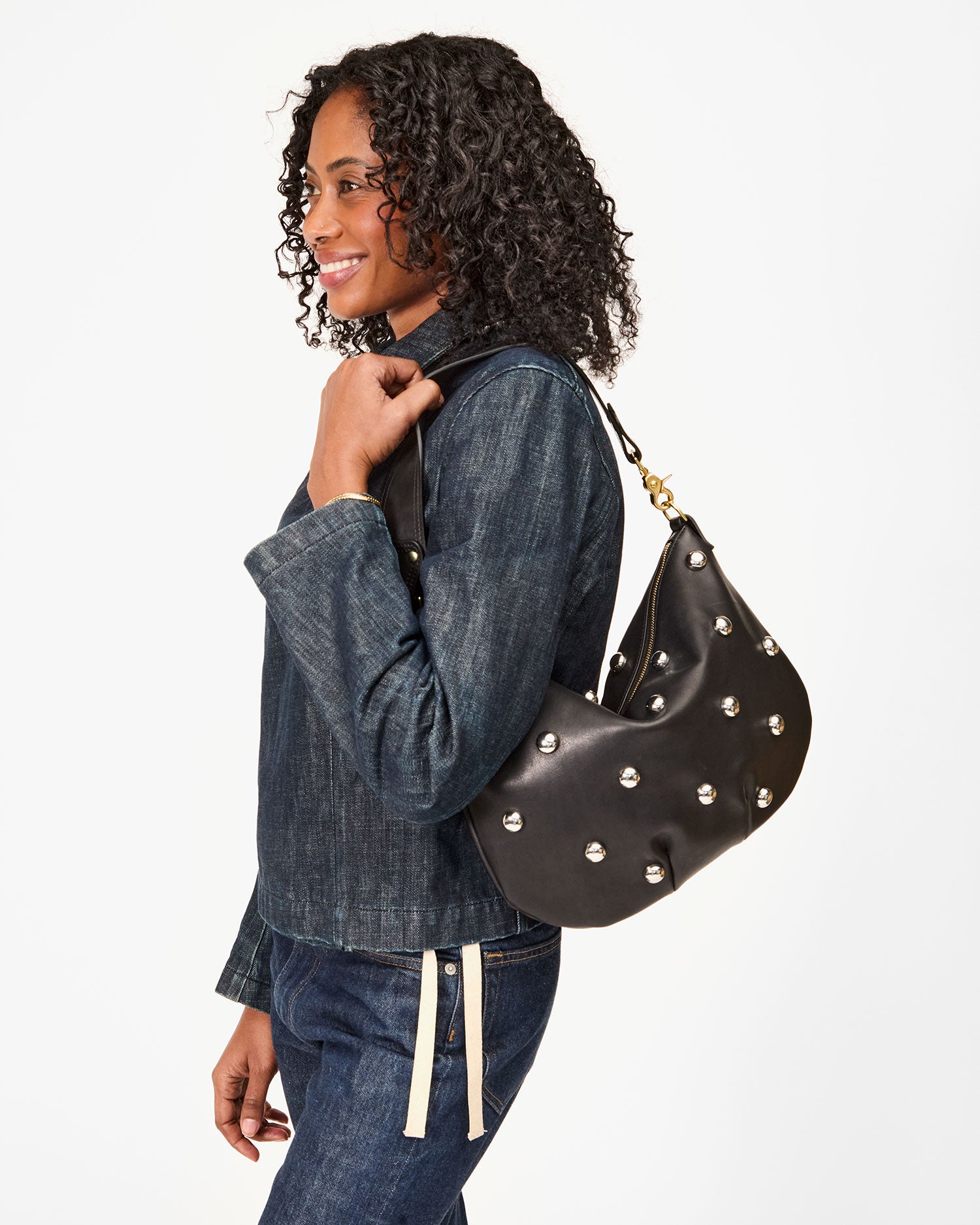 Moyen Messenger Bag Black Genuine Leather with Studs - Stylish Crossbody Purse for Women, Perfect for Work, Travel & Daily Use